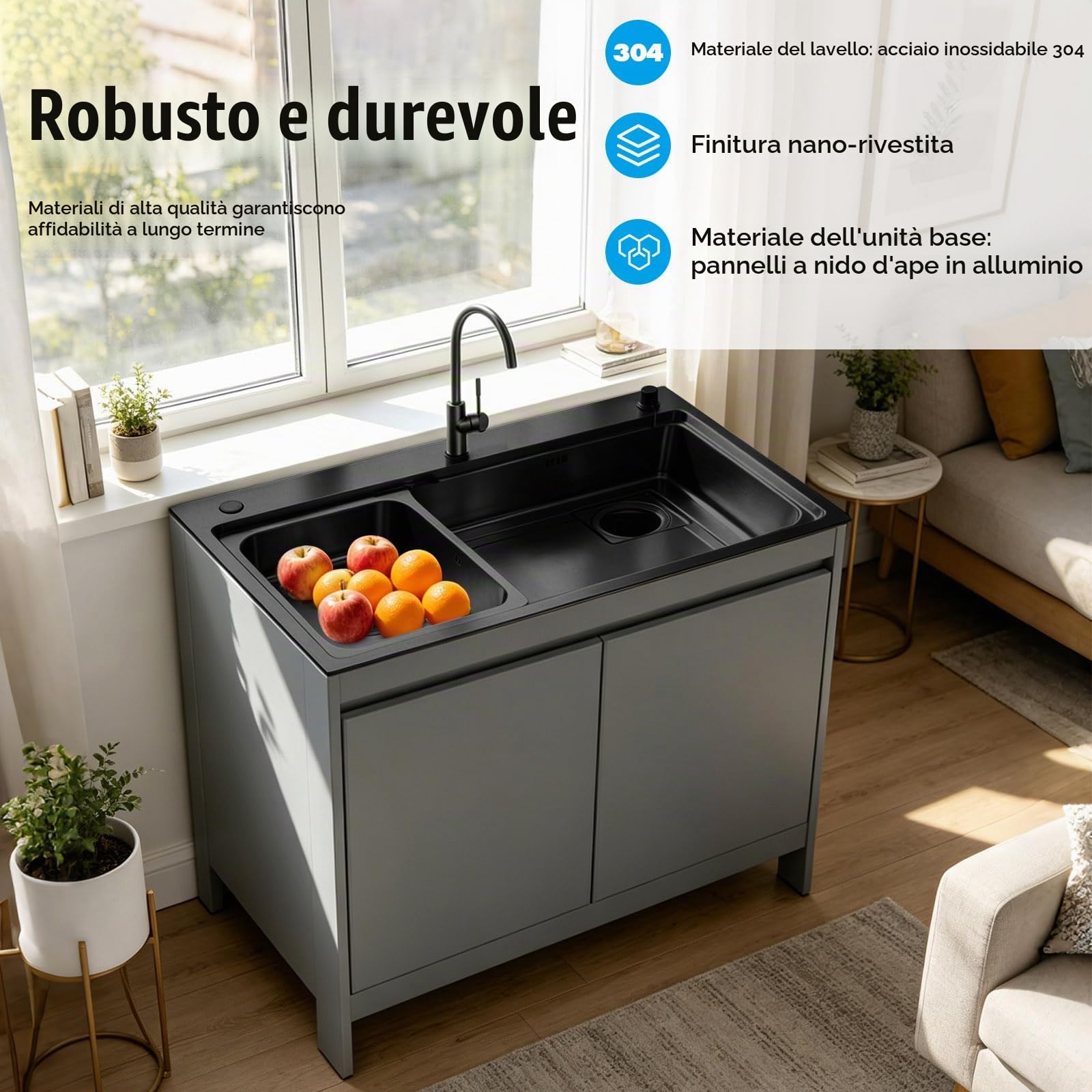 Mobile Lavatoio Moderno, Armadio Impermeabile in Alluminio a Nido d'Ape con Lavello Nero Nano Inox, Lavatoio da Esterno/Interno con Rubinetto a Collo di Cigno, Bianco/Grigio