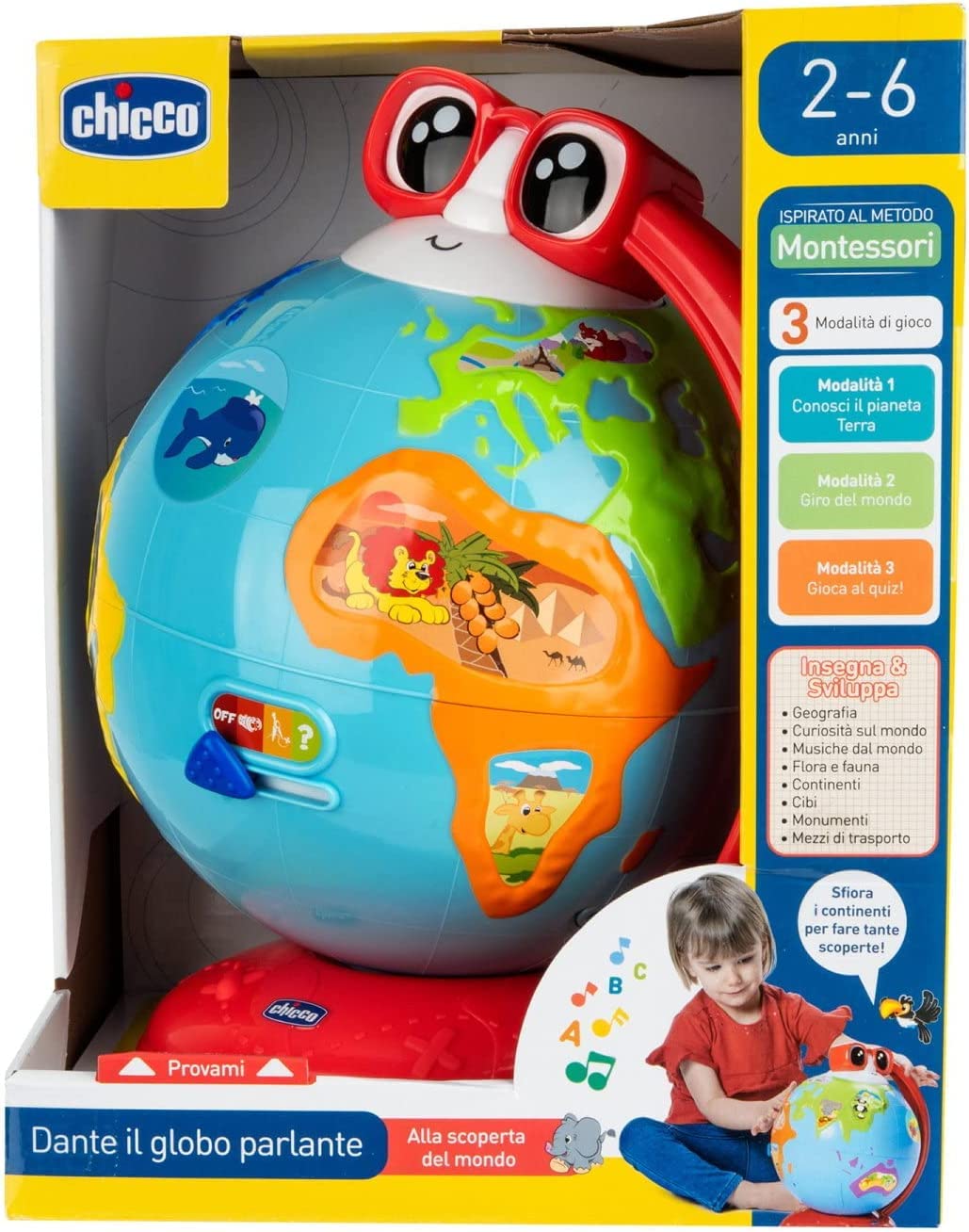 Chicco Juego Dante El Globo Parlante, Globo Educativo e Interactivo para Aprender Geografía, 3 Modos de Juego con Frasi, Quiz y Canciones en la Tierra, Inspirado en el Método Montessori, 2-6 Años