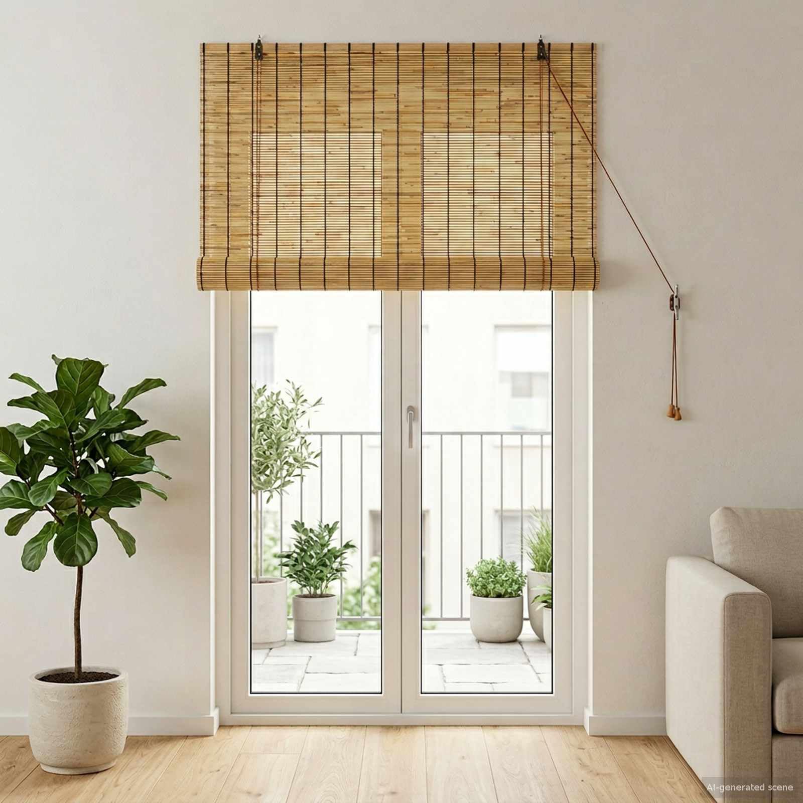 Store enrouleur en roseau - 120 x 220 cm - Naturel - Pour balcon et terrasse