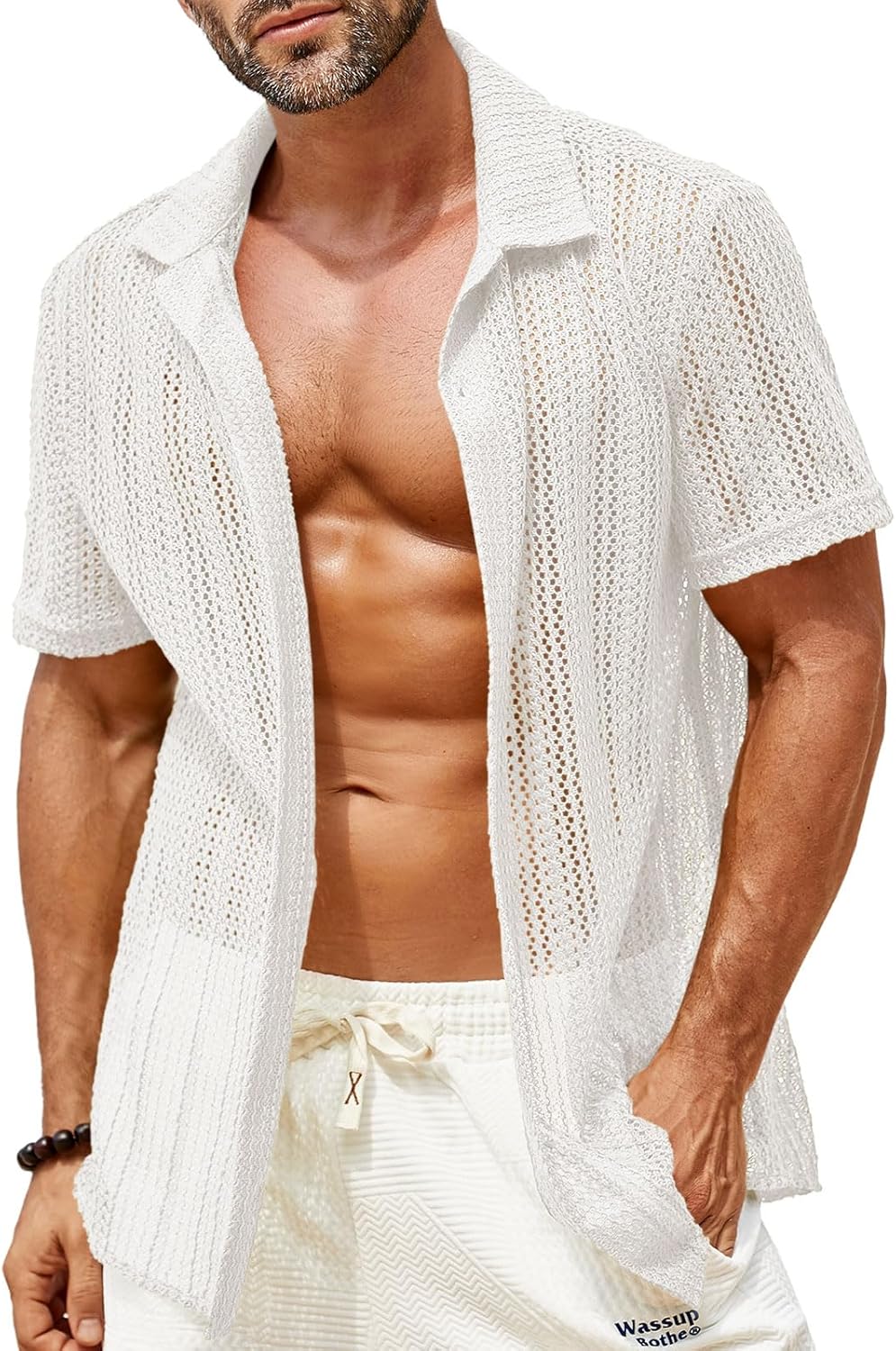 Runcati Mens Button Down Shirts Short Sleeve Hollow Out Knit Shirt Cuban Collar Casual Crochet Beach Summer Tops