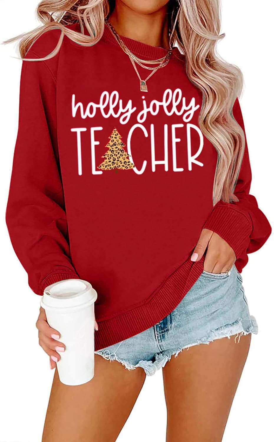 DOLITAEN Holly Jolly Teacher Sweatshirt Womens Christmas Tree Graphic Print Long Sleeve Xmas Holiday Pullover Top