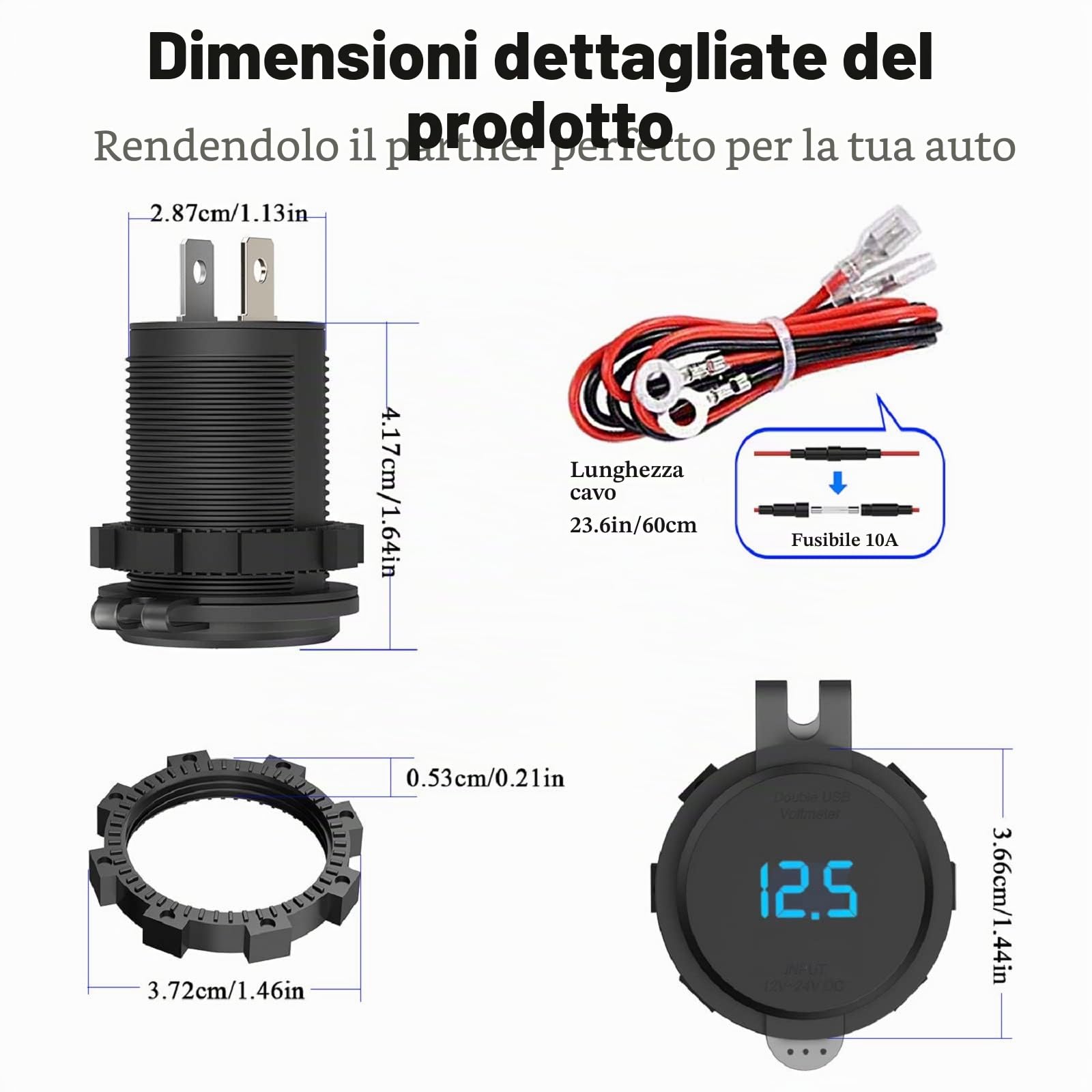 Quick Charge 3.0 Presa USB Carica per Auto con Interruttore: Qidoe Presa USB da 12 volt Impermeabile Adattatore Accendisigari con Display Voltmetro a LED Blu per Moto, Barca, Camion, Caravan