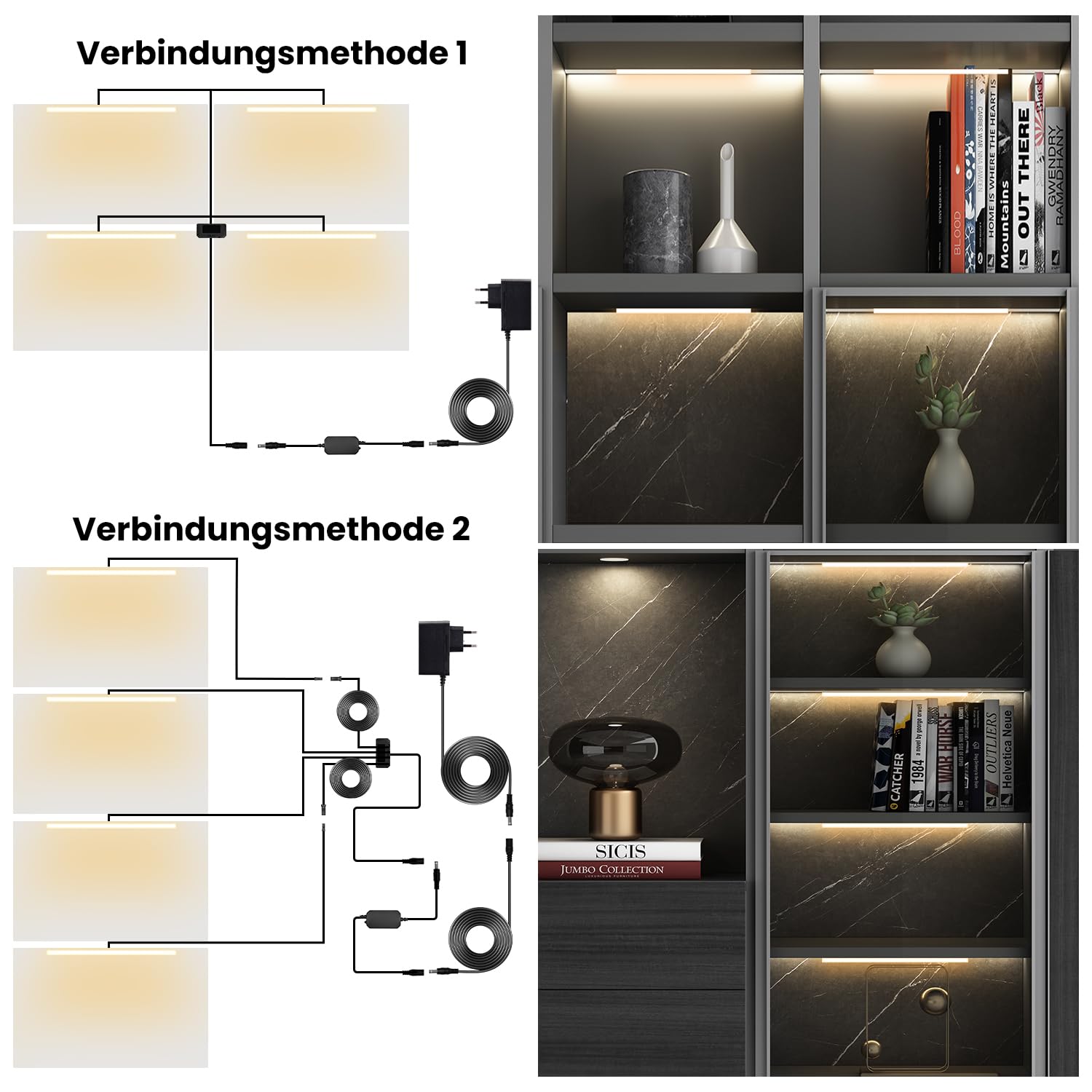 Vitrinenbeleuchtung LED Regalbeleuchtung, Schrankbeleuchtung mit Alexa, V-Form LED-Beleuchtungsset WiFi Dimmbar 2700K, App & Fernbedienung, Speicherfunktion (4 * 30cm)