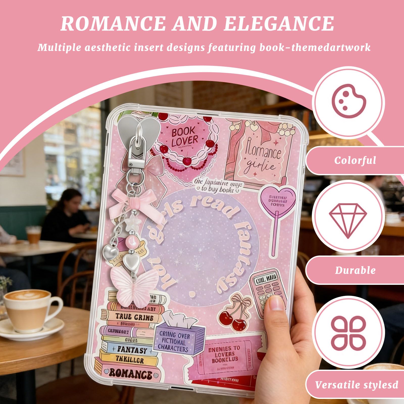 Set Decorativo Rosa VelvetGlow 6 Inserti e 2 Ciondoli in Perla per Custodia E-Reader Compatibile con Paperwhite 11ª/12ª Gen
