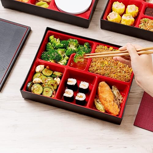 Miniatura 6 de Bento Tek - Caja Bento rectangular de estilo japonés grande negro y rojo 6 compartimentos 12 14 x 9 34 x 2 14 pulgadas 1 caja