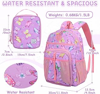 VASCHY Toddler Backpack Lunch Bag Set, Girls School Bookbag Insulated Lunch Box for Kids Preschool,Daycare,Kindergarten,Elementary School Butterfly