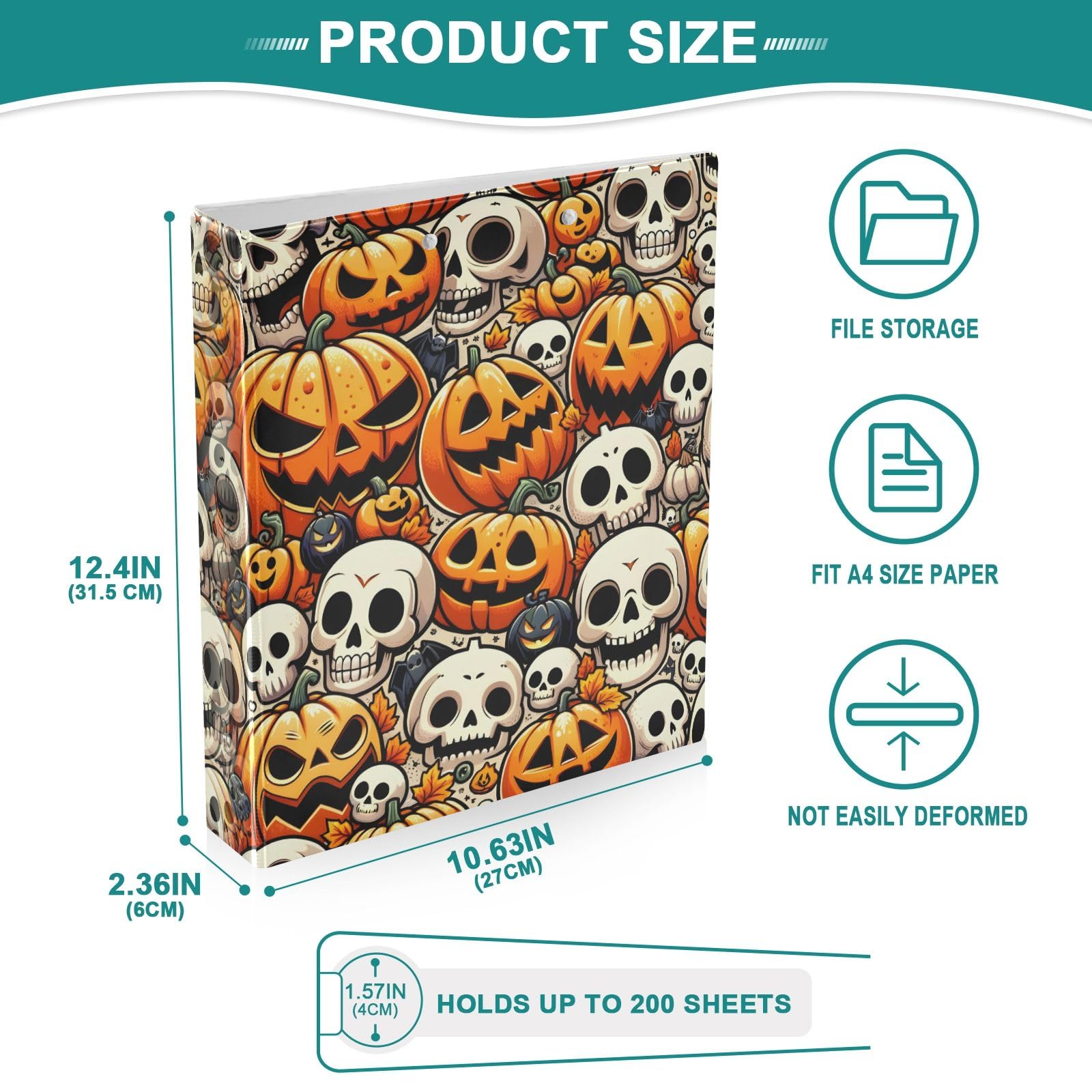 Raccoglitore a 3 anelli, motivo zucche di Halloween, senza cuciture, con teschi rotondi da 3,8 cm, contiene 200 fogli, raccoglitore a 3 anelli con clip in metallo antiscivolo