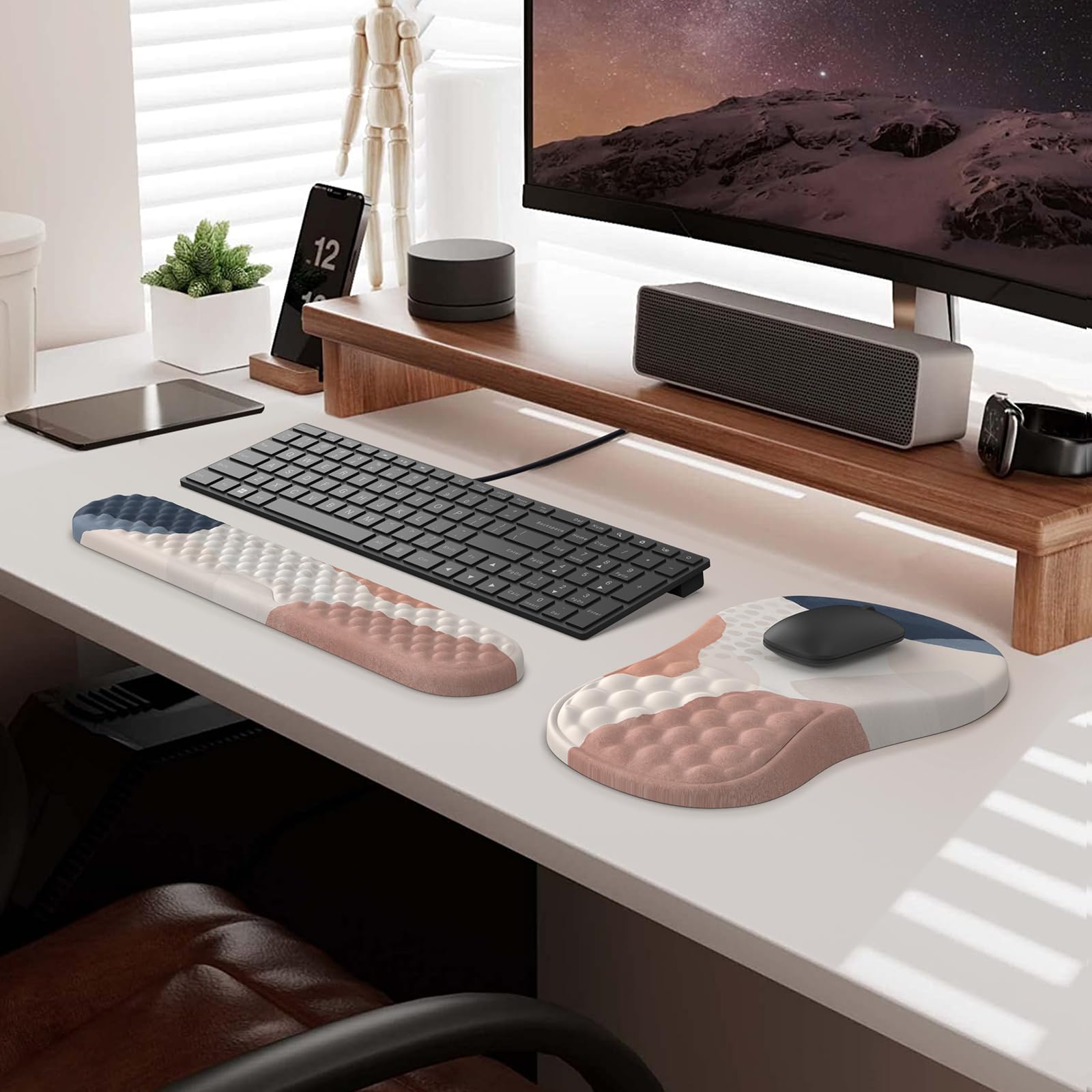 HAOCOO Ergonomisches Mauspad mit Handgelenkauflage und Tastatur-Handgelenkauflage-Set, 3-teilig, Computer-Karpaltunnel-Mauspads für den Schreibtisch mit Untersetzer, Memory-Schaum-Mauspad für