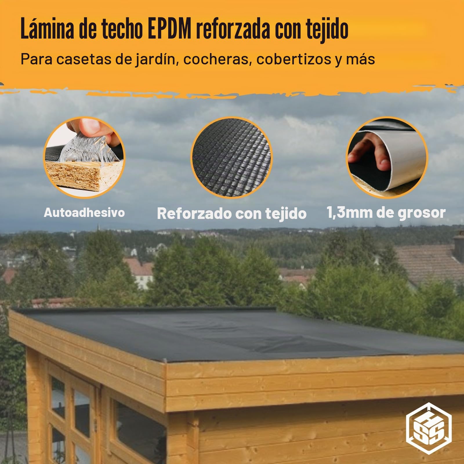 HSS EPDM Lámina autoadhesiva para techos, 5 m² KSK, para cobertizo de jardín y cochera, resistente a los rayos UV y al agua, 1,3 mm de grosor, 100 cm x 5 m, color negro