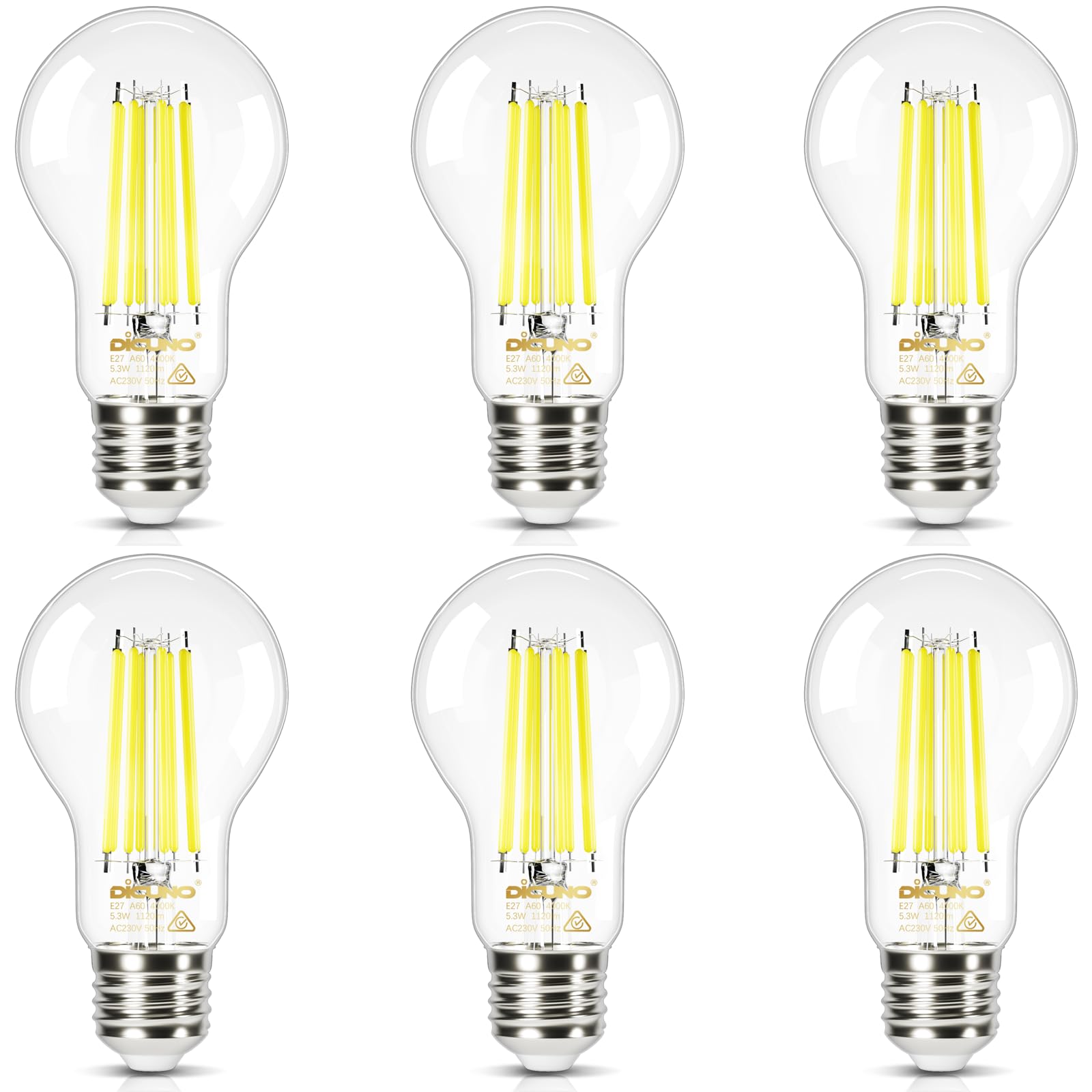 DiCUNO Bombilla LED E27 Ultra Eficiente Clase A, 5.3W=75W, 4000K, Pack de 6 | Blanco neutro, 1120lm, Vidrio, Bajo consumo, Bombilla E27 A60 de filamento Edison para colgantes, lámparas de mesa y apliques