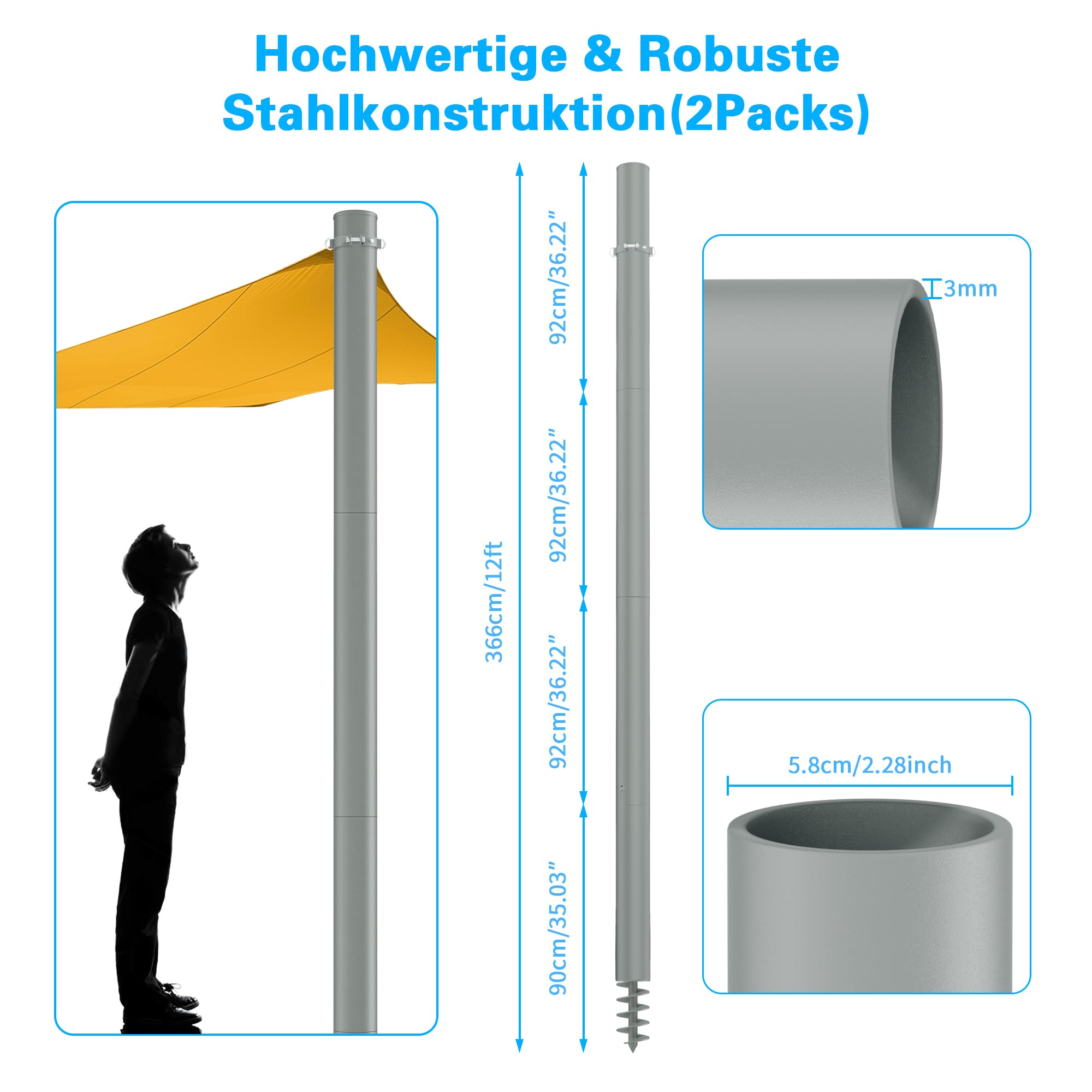 3,6 M Sonnensegel Mast, ⌀60mm Höhenverst pfosten inkl. D-Ring, 2er | für Terrasse, Garten, Pool, Sonnensegel pfosten ⌀60x3mm, rostfrei, wetterfest, verst. Stahlrohr, schnell montiert