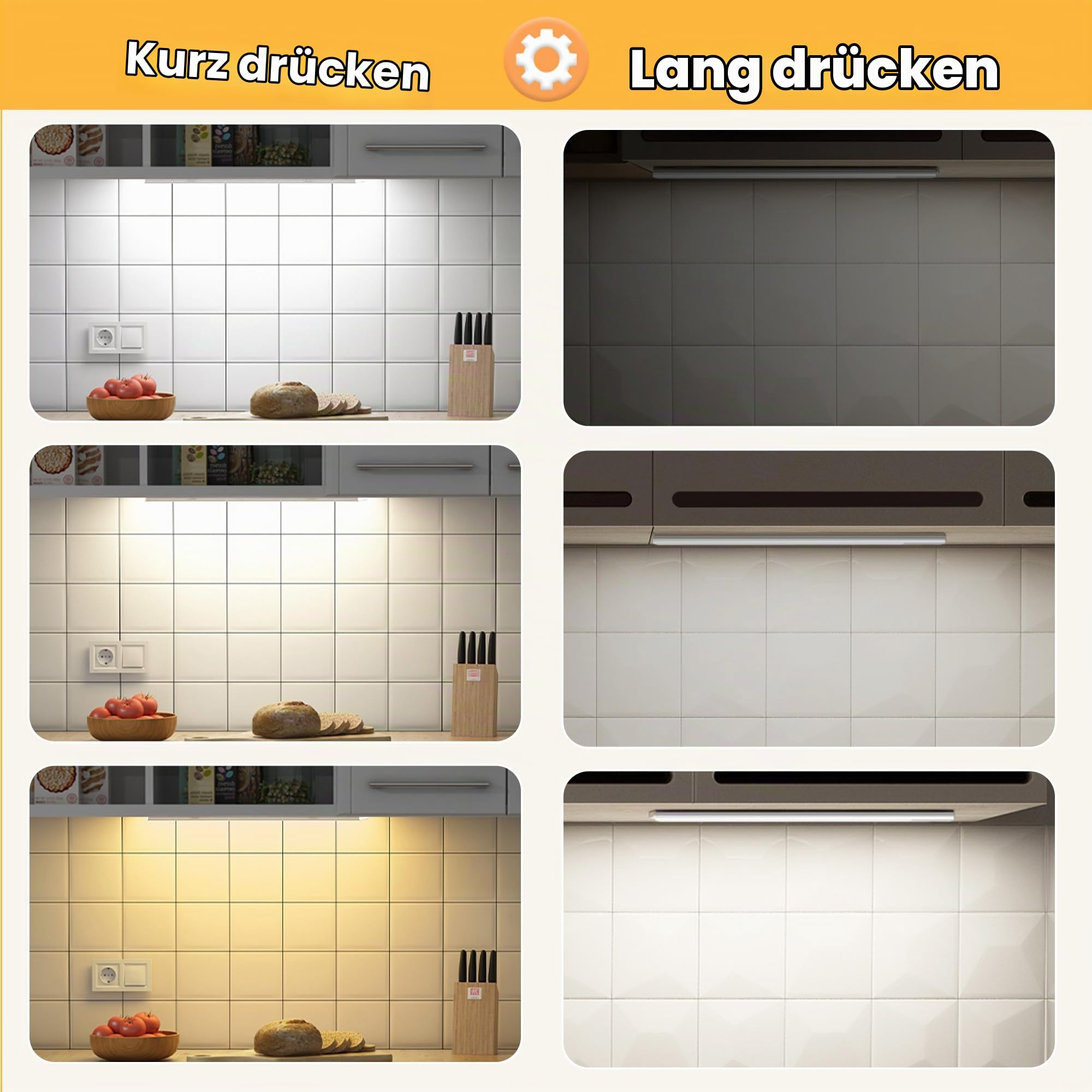 2erSet 60CM LED dimmbare Unterbauleuchte Küche Lampe 4400mAh | aufladbar Schrankbeleuchtung mit Bewegungsmelder 3 Lichtwärme magnetische Lichtleiste für Küchenschrank Kleiderschrank Bad