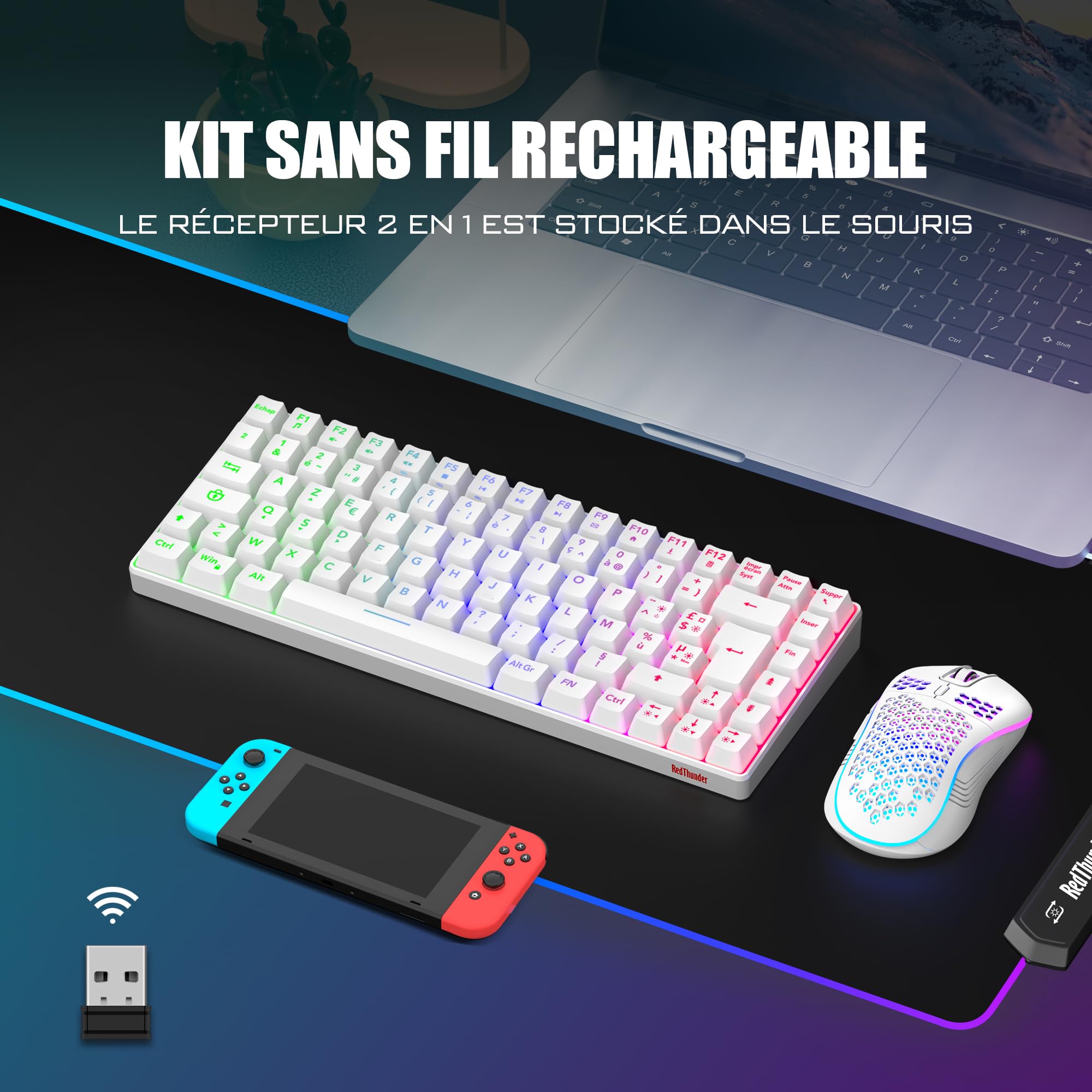 RedThunder K84 Combo Clavier et Souris USB sans Fil Gamer, AZERTY Français, Batterie Rechargeable RVB Rétroéclairée, Clavier TKL à 75% et Souris Optique Légère en Nid d'abeille 3200 DPI(Blanc)