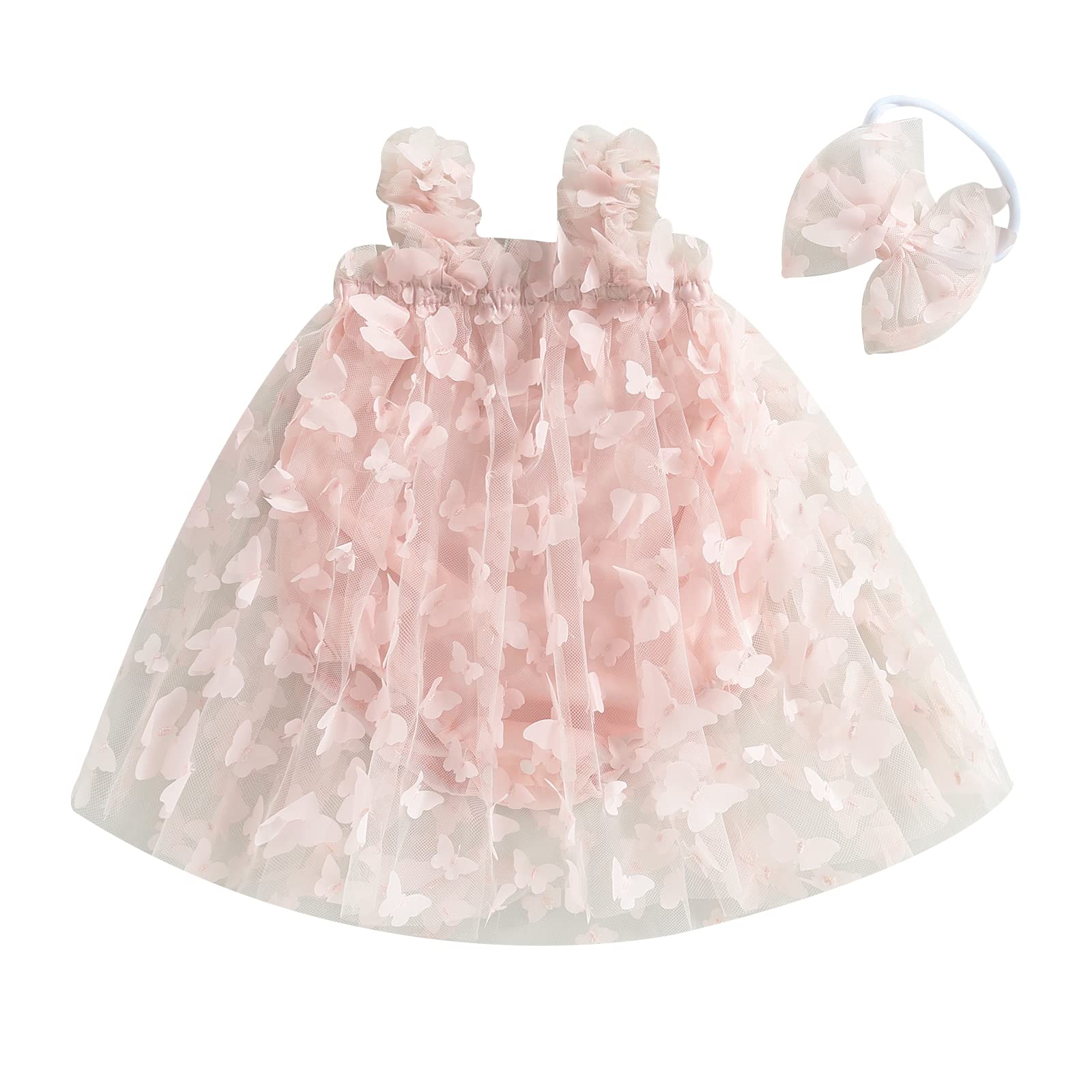 Newborn Baby Girl Romper Tutu Dress Sleevless 3D Butterfly Ruffle Tulle Dress Bodysuit Summer Birthday Romper (A-Pink, 3-6 Months)