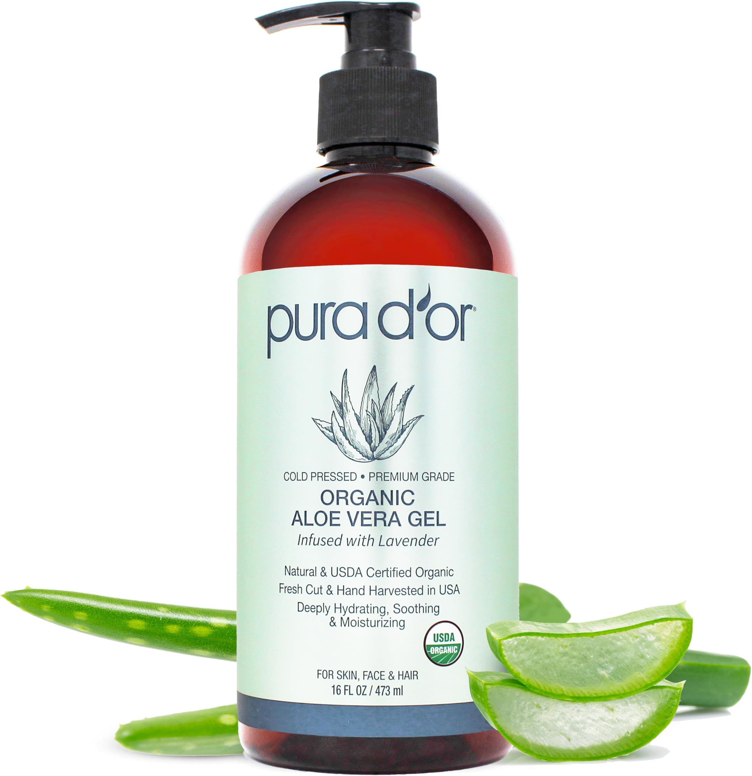 PURA D'OR 16 Oz ORGANIC Aloe Vera Gel - Lavender - All Natural - ZERO Artificial Preservatives - Deeply Hydrating & Moisturizing - Sunburn, Bug Bites, Rashes, Small Cuts, Eczema Relief - Skin & Hair