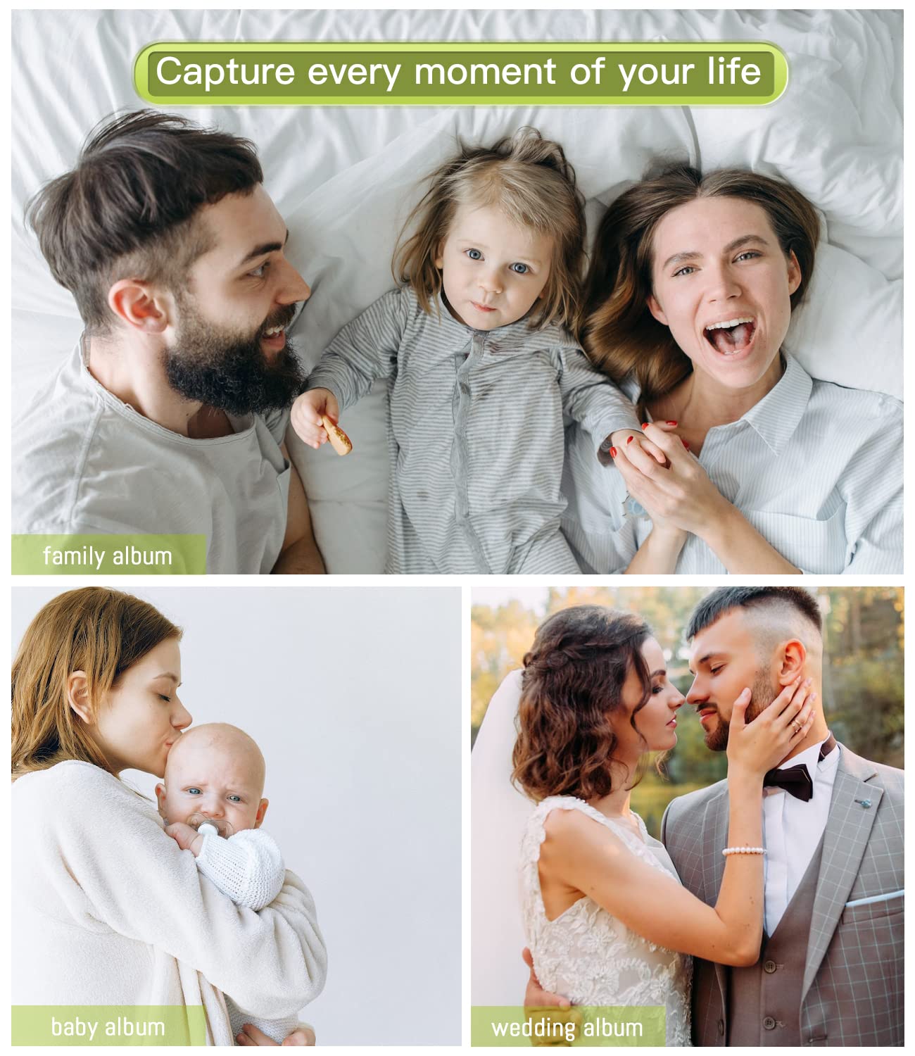 Popotop Álbum de fotos autoadhesivo con ventana de visualización de imágenes, 60 páginas, álbum de recortes para fotos de 4 x 6 a 10 x 12 pulgadas, libro de recuerdos con cubierta de lino para boda