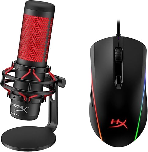HyperX QuadCast - Micrófono de condensador USB para juegos y sobretensión HyperX Pulsefire - Ratón óptico para juegos con cable RGB