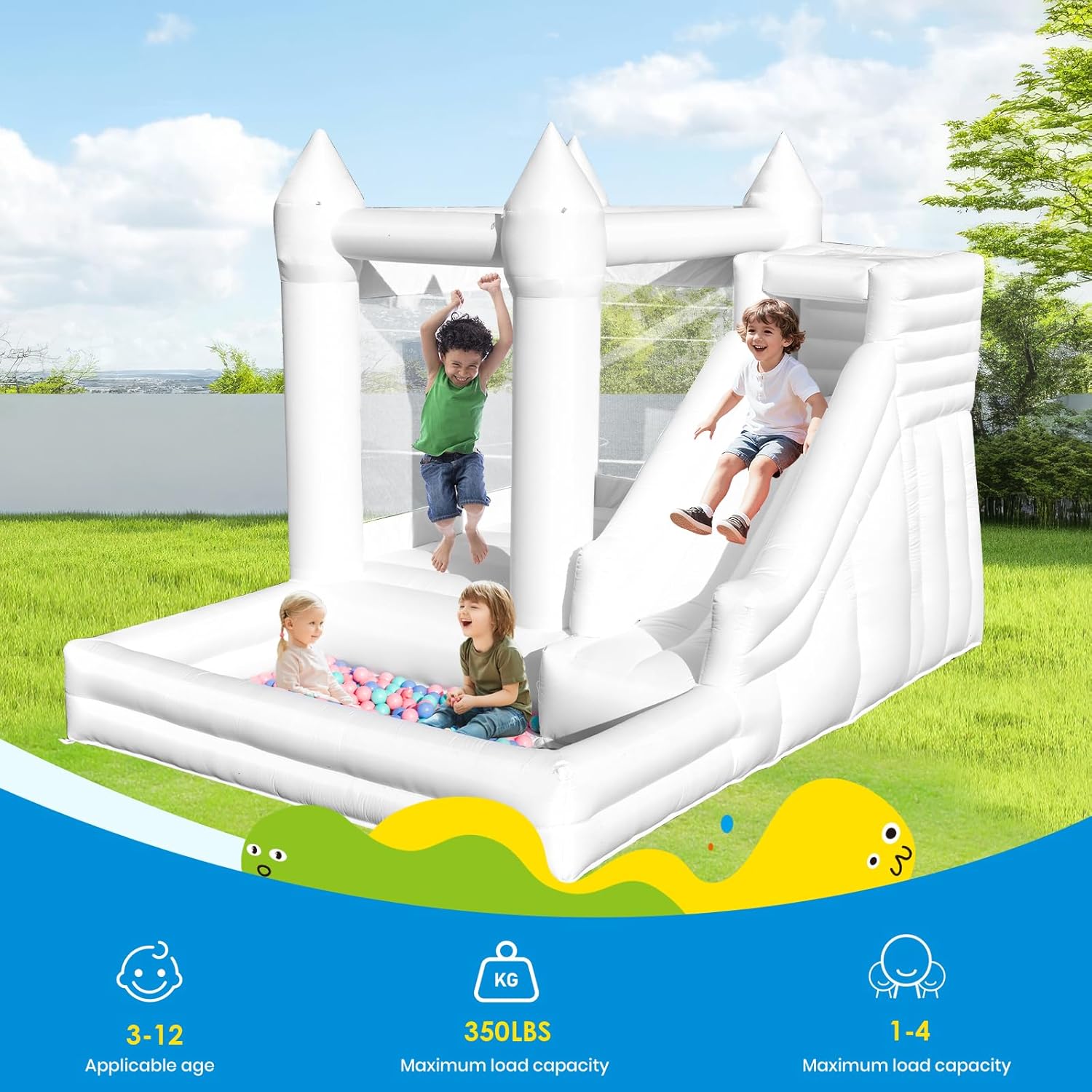12FTx8.5FT Oxford Bounce House Medium to Large White Bounce House Inflatable Castle with Slide and Ball Pool Suitable for Active Kids The Perfect Product for Party/Festival Decoration and Photography