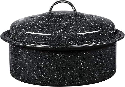 Granite Ware 8.7-Inch Small Covered Round Roaster, 3Lb Capacity Mini Roaster Enamel Steel Cookware, Dishwasher Safe & PFOA-Free, Even Heat Distribution for Poultry, Meat, Vegetables Speckled Black