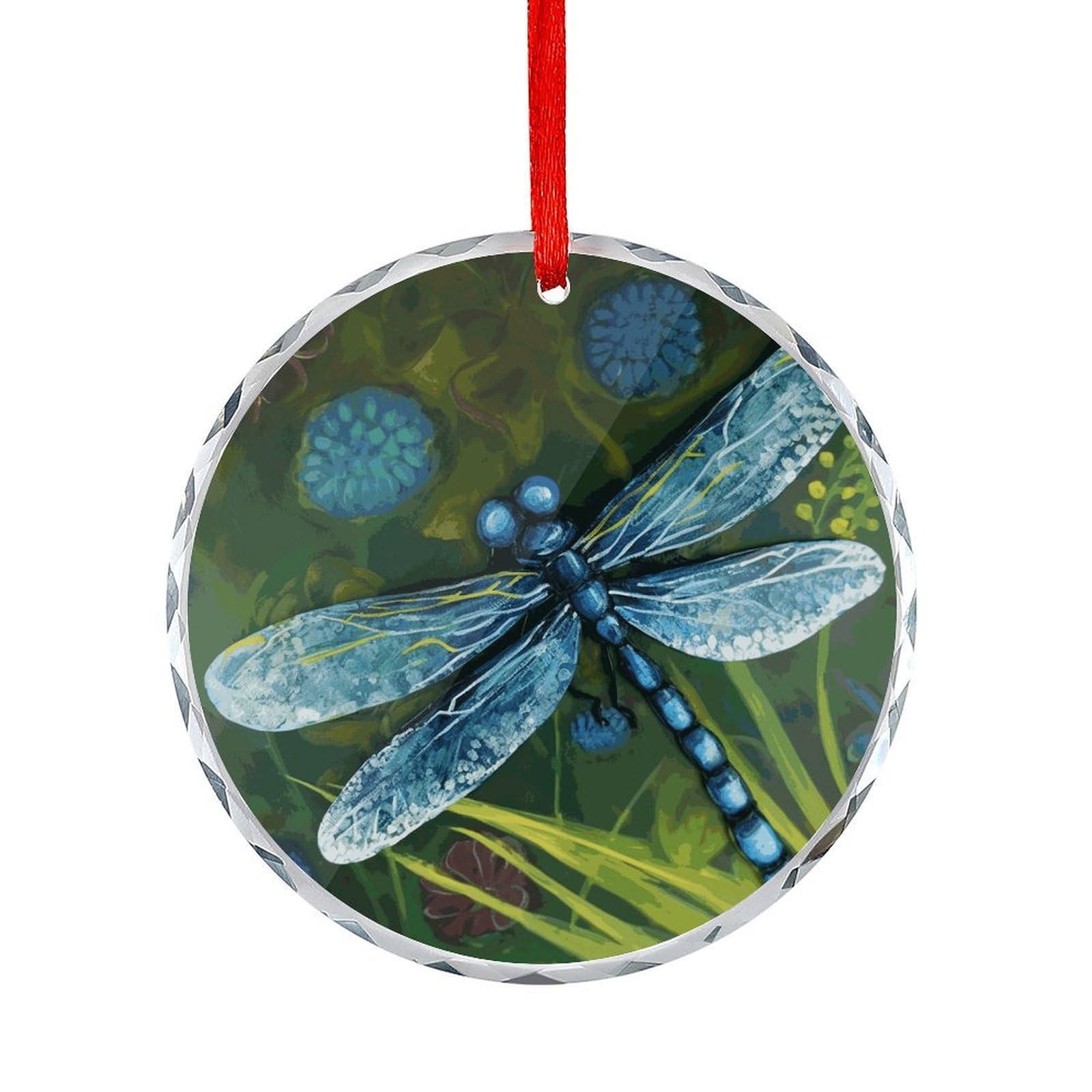 Btcowzrv Style Hand Painted Blue Dragonfly Round Ornament Hanging Pendant Decor