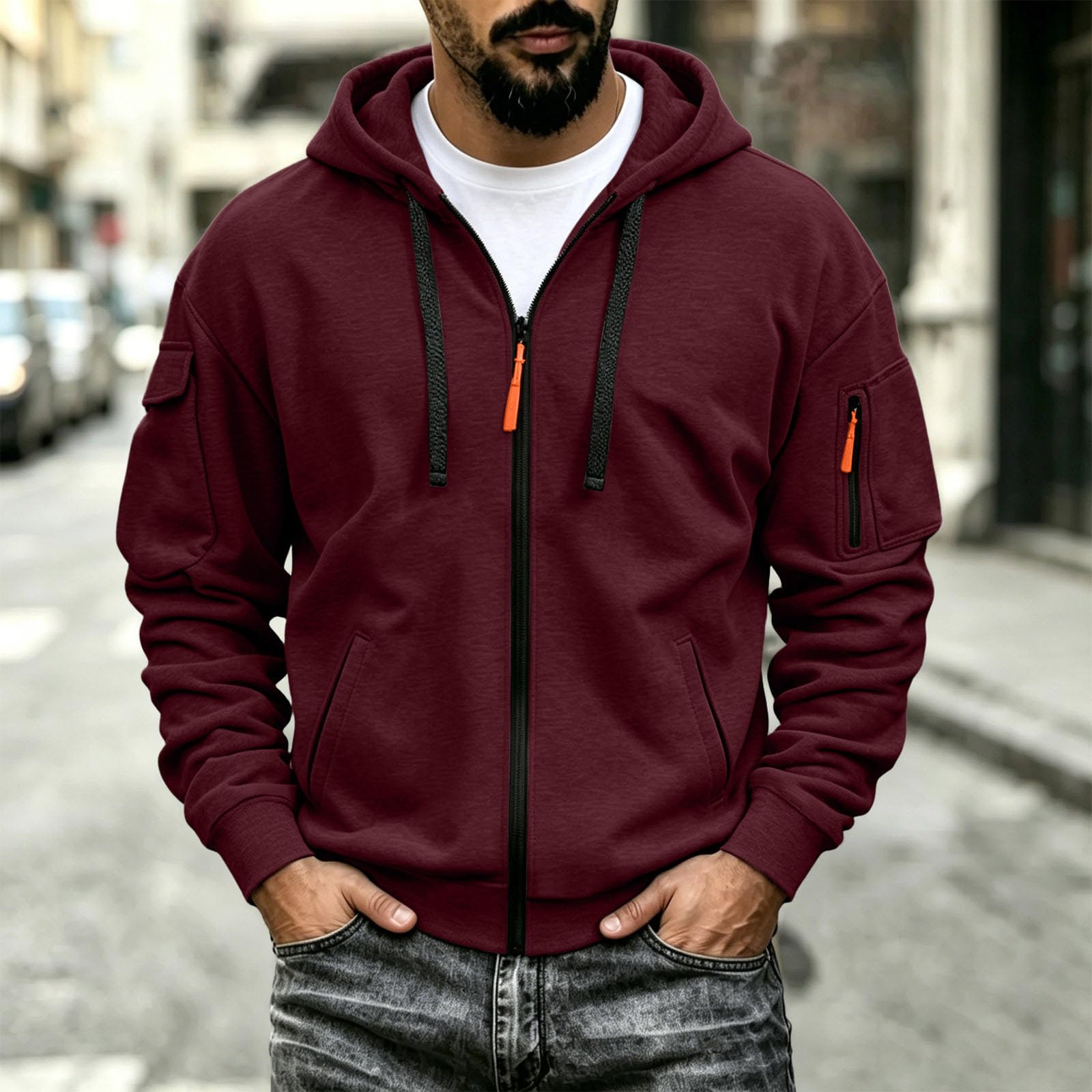 Felpa Con Zip Uomo Con Cappuccio Felpa Cotone e Pile con Tasche Hoodie | felpa uomo con cappuccio, interno felpato, apertura con zip, hoodies con cordino, tasca pratica, vestibilità comoda