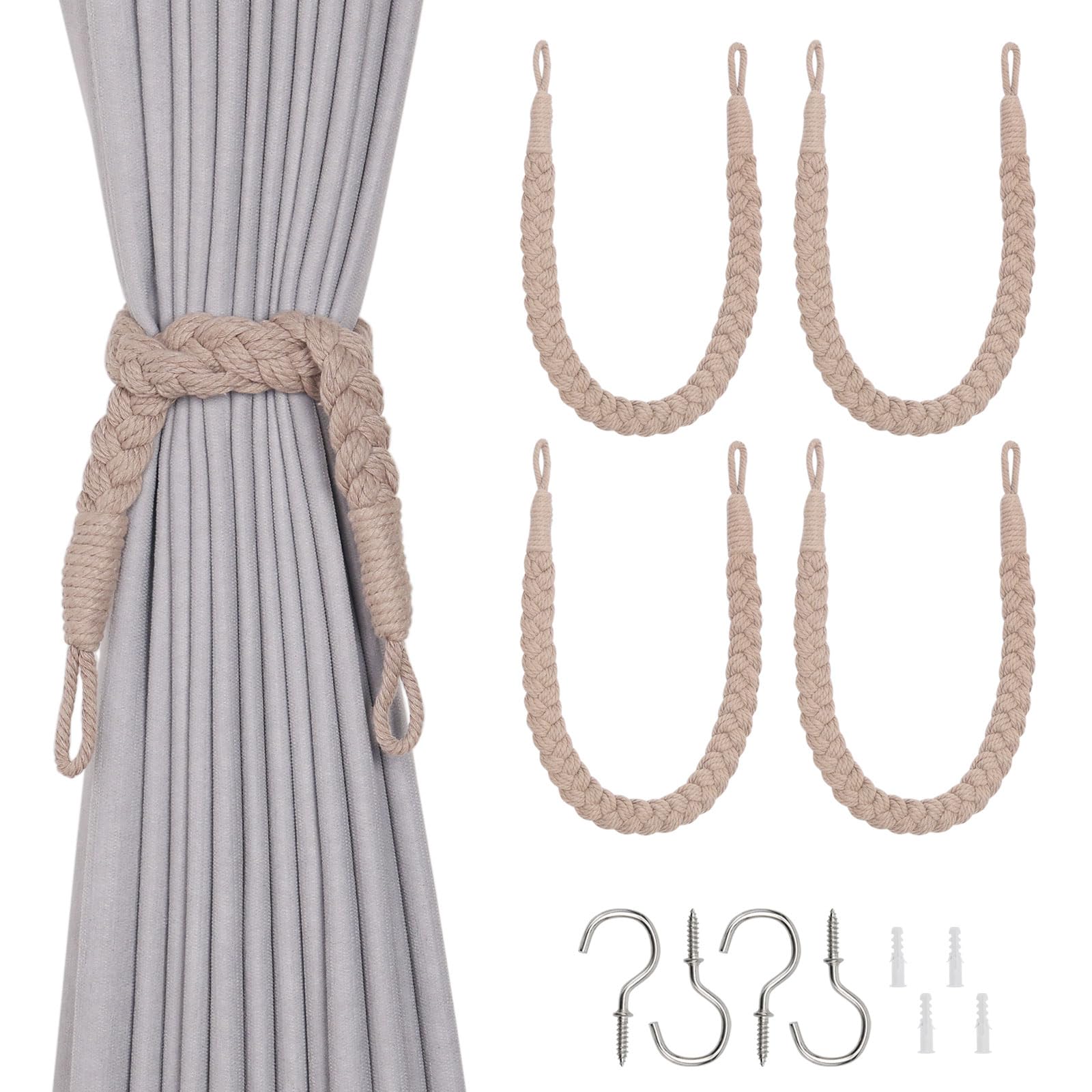 Pretty Jolly 4 Pack Natural Cotton Rope Curtain Tiebacks Elegant Boho Style Decorative Drape Tie Backs Soft Hand-Woven Rope Curtain Holdbacks with Metal Hook for Home & Office Drapery (Grey Coffee)