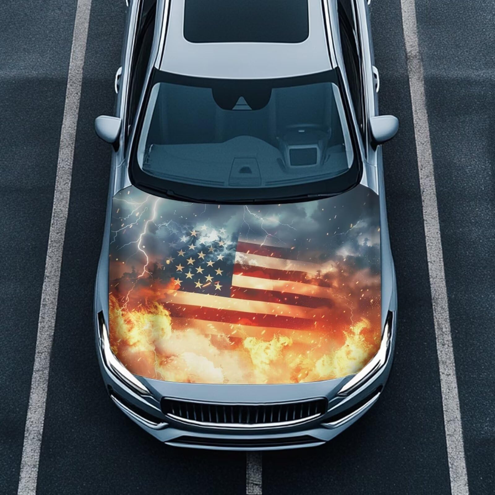 Car Hood Cover Car Hood Protector Auto Banner All Weather Universal Auto Decorative Accessories for Compact Sedans SUV Trucks Minivan (US Flag Flames and Lightning Design)