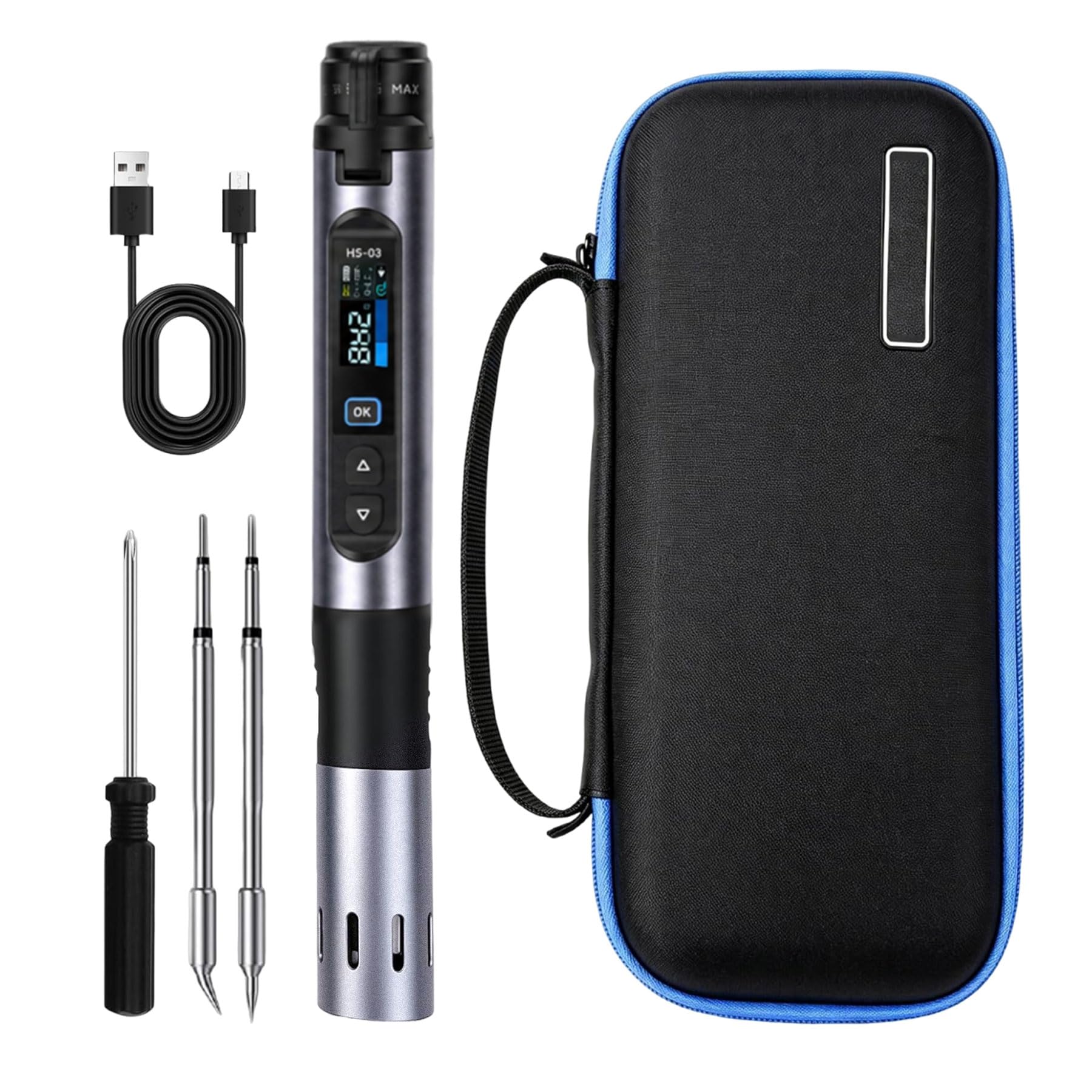 HS-03 Lötkolben Akku Set, 7 Sek. Schnelles Aufheizen, 5 Temperatur Einstellbare 100~450℃, Wiederaufladbarer Tragbares Soldering Iron Kabellos mit LCD-Display, 3 Lötspitzen, für DIY & Elektronik