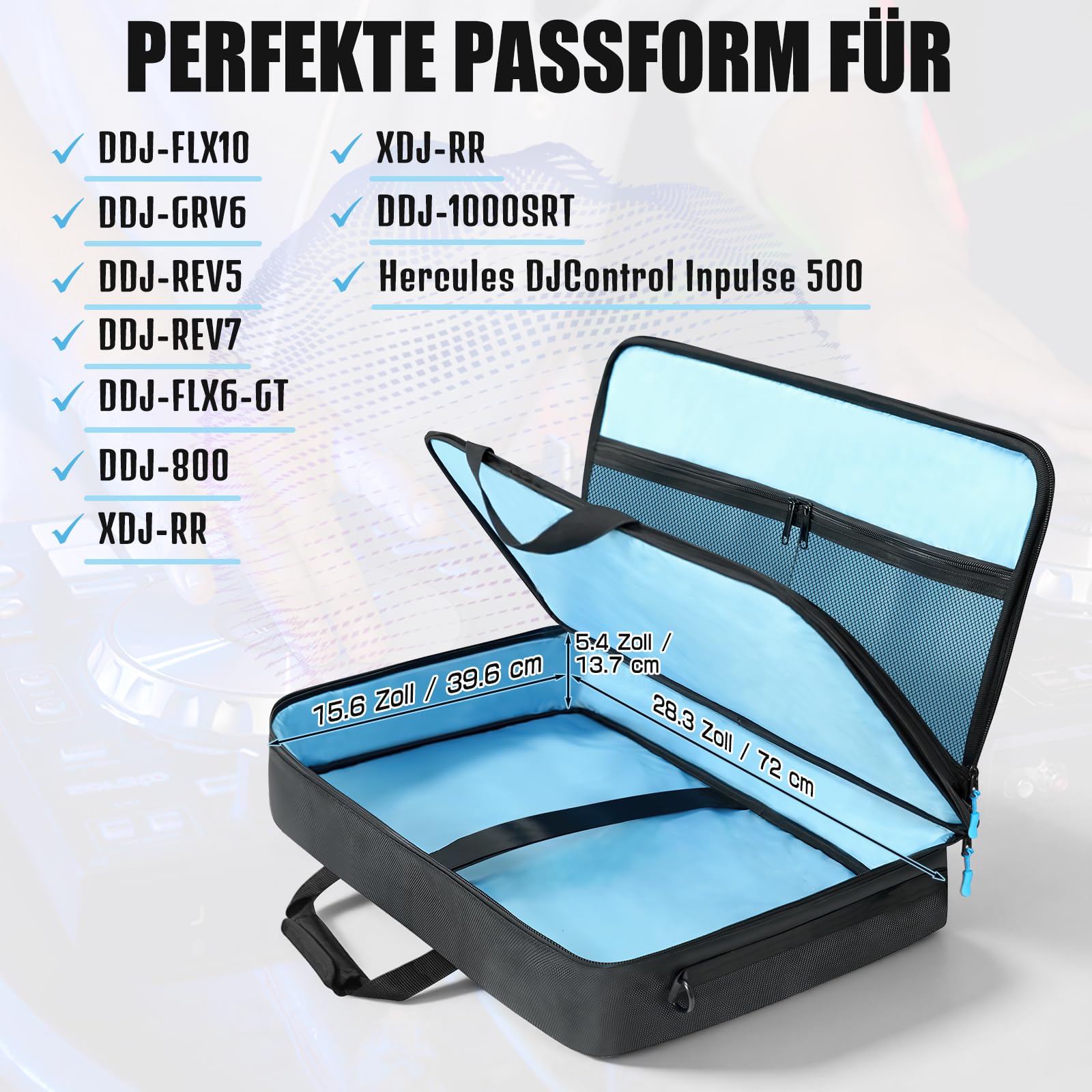 SUNDOY Custodia per DJ compatibile con controller Pioneer/Numark/Hercules – Custodia per il trasporto antiurto con tracolla e scomparti per accessori, Nero, 73x41x15-CM, Tessuto impermeabile