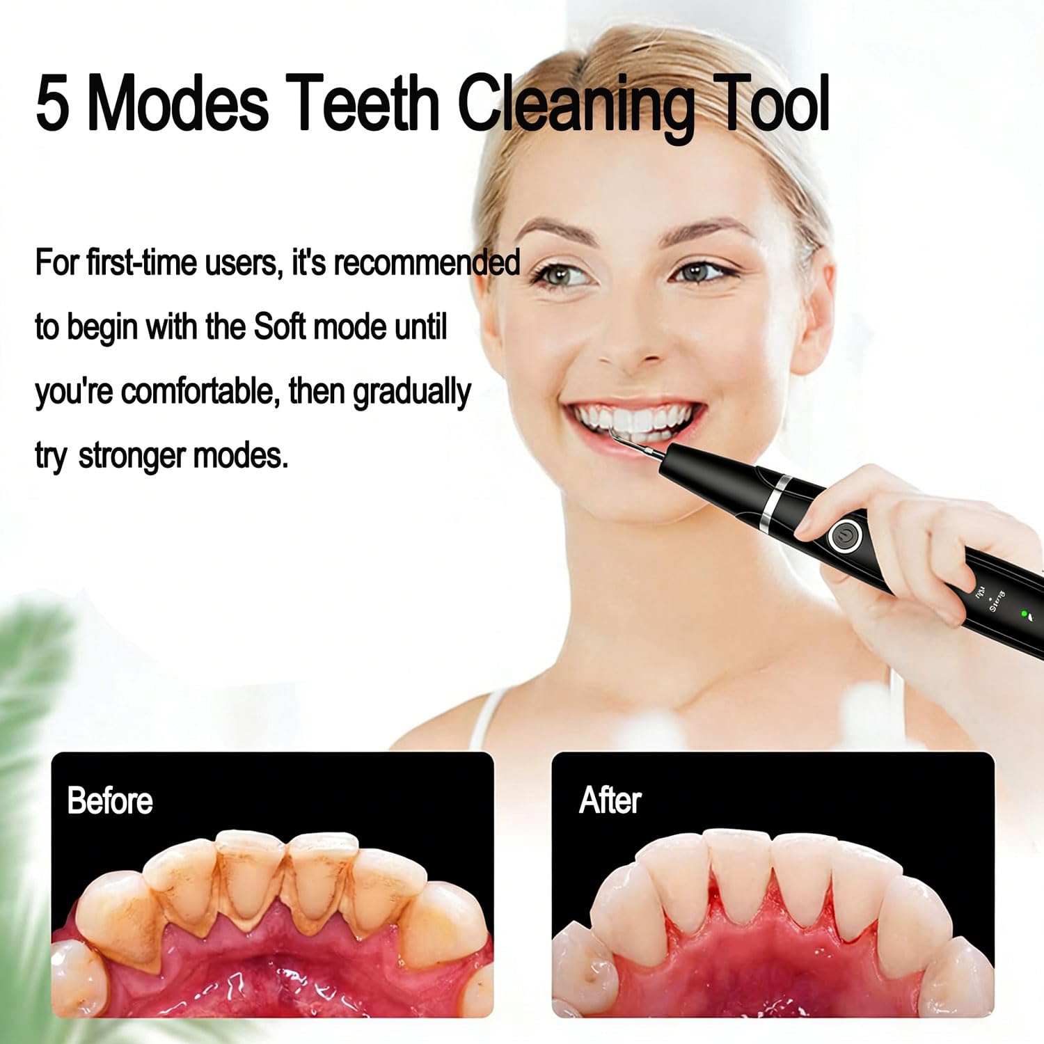Ujhosld Sonic - Limpiador dental con luz LED, herramienta de limpieza de dientes de 5 modos, 3 cabezales reemplazables para el hogar y viajes, IPX6 impermeable