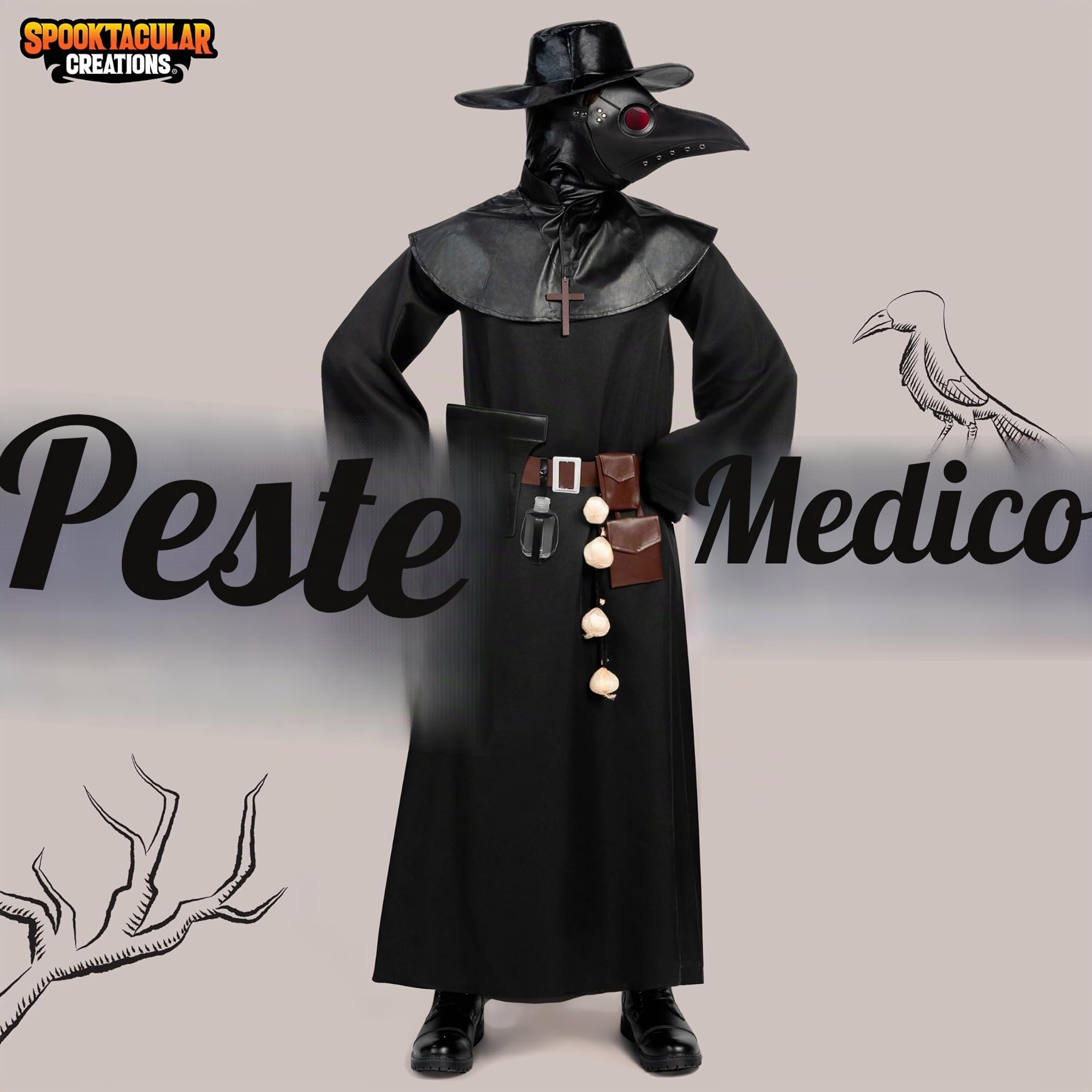 Spooktacular Creations Costume da uomo nero da medico della peste con cappello, maschera, scialle, veste, guanti, cintura, aglio, scettro