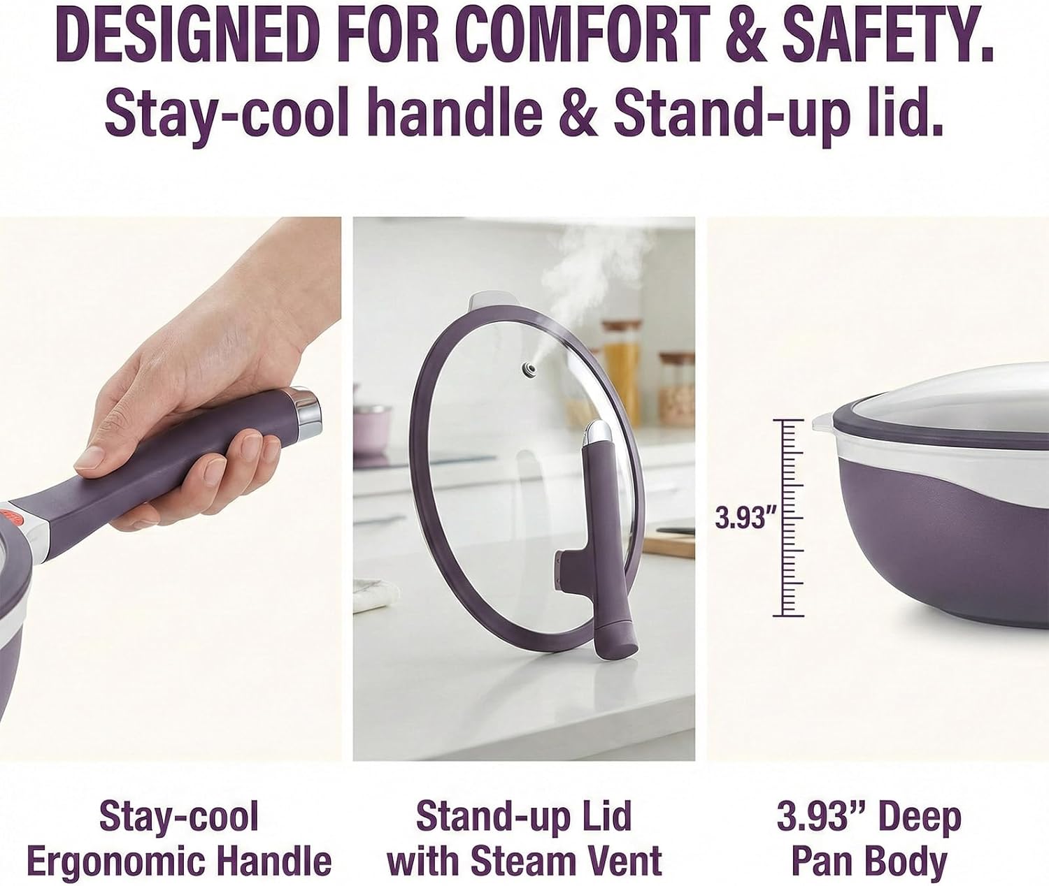 12 Inch Titanium Alloy Nonstick Frying Pan with Lid & Steamer Basket, PFOA Free, Dishwasher Safe, Induction Compatible, Multipurpose Saute Pan for Healthy Cooking (Purple)
