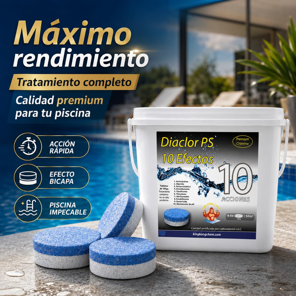 Pack 2 UDS - Cloro Total para Piscinas DIACLOR PS 10 Efectos 10 KG (2x5 KG) 100 Pastillas de Cloro Multiacción (100 gr) - Tratamiento Completo Profesional 10 Acciones