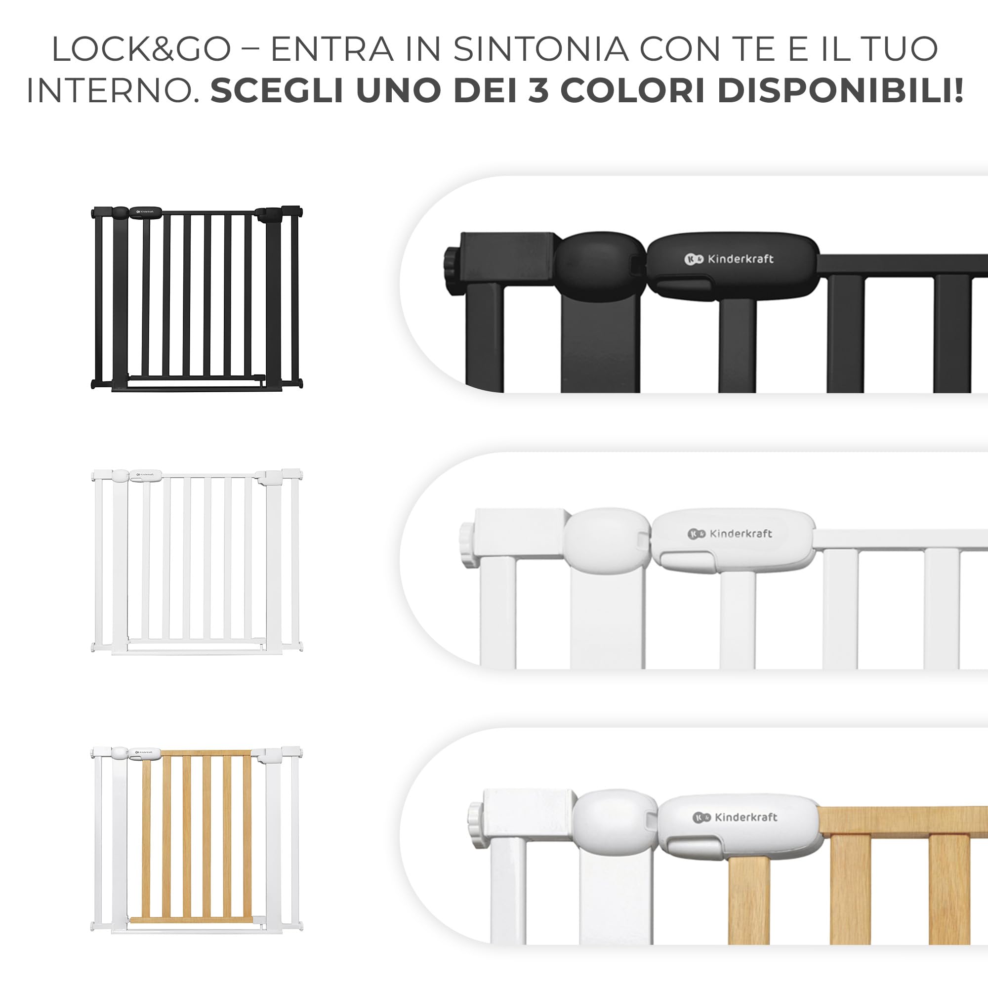 Kinderkraft LOCK&GO Cancelletto di sicurezza da 75-103 cm, Chiude automaticamente di 90 gradi, Doppio dispositivo di sicurezza, Previene di inciampare, Nero