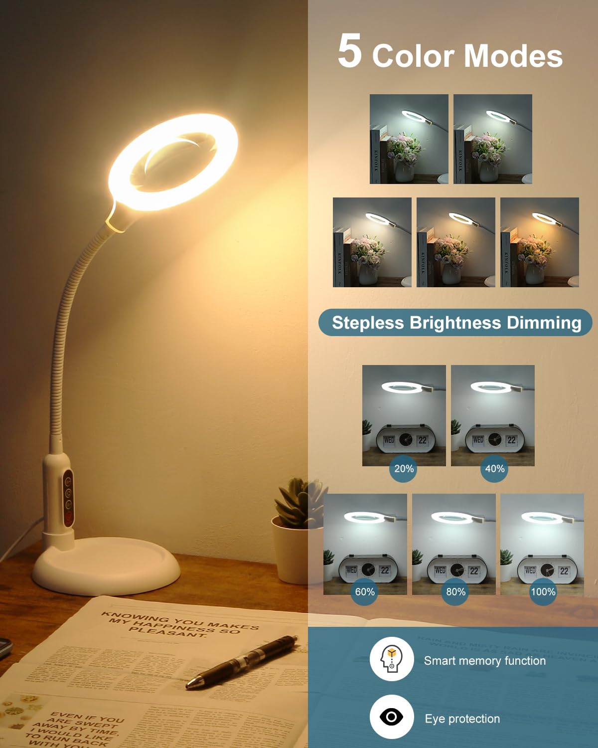 Lupa de 10 aumentos con luz y soporte, LED 5 modos de color, brillo de atenuación continua, lupa iluminada manos libres, lámpara de escritorio flexible con cuello de cisne con abrazadera para trabajos