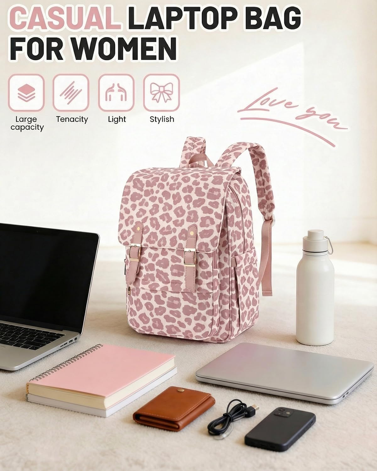 Corduroy Laptop Backpack for Women, Fits 15.6 Inch Computer Bag, College High School Bookbag Travel Daypack Purse, Work Business Bags - Corduroy Leopard - Image 6