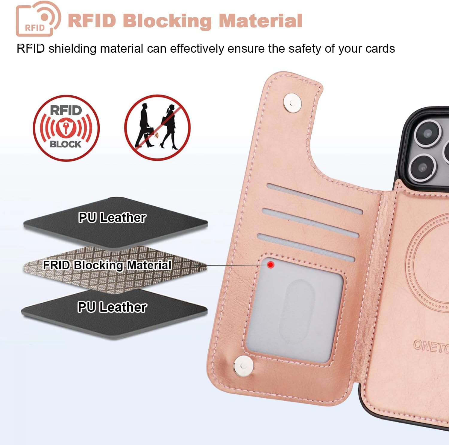 ONETOP Compatible with Magsafe for iPhone 16 Pro Max Wallet Case with Card Holder, PU Leather Kickstand RFID Blocking Case, Double Magnetic Clasp and Durable Shockproof Cover 6.9 Inch (Rose Gold)