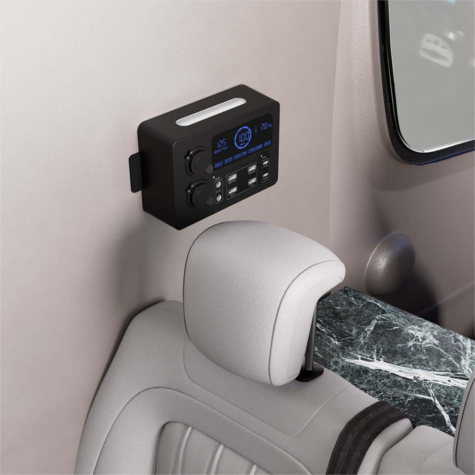 Caja de alimentación de coche de 100 W y 12 V con pantalla LCD, enchufes duales de 12 V, 6 puertos USB, carga rápida para concentrador, RV, barco, SUV (sin línea)