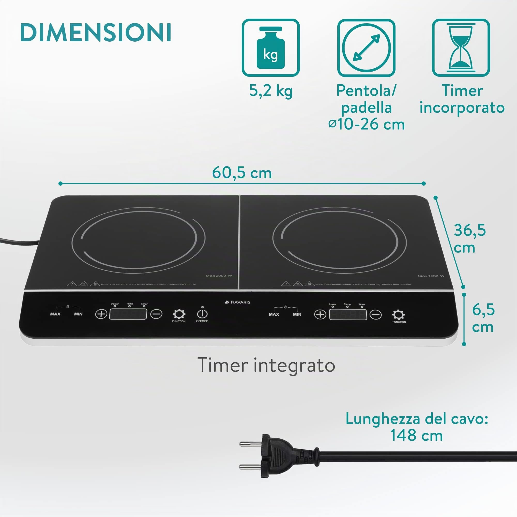 Navaris Piastra ad induzione Doppia 3500W - Piano di Cottura a 2 fuochi da Tavolo - Fornello Elettrico Doppio Portatile - Piastre Induzione con Controllo Touch Display LED