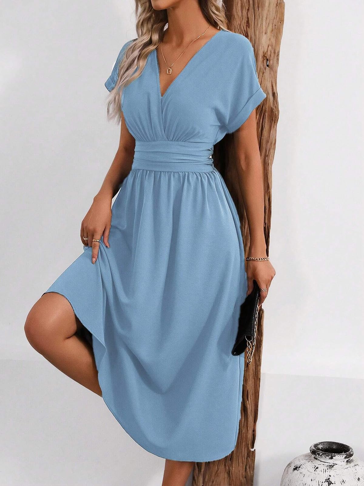 LIAMERHE Vestido Primavera/Verano Manga Corta/Larga Mujer Casual Vestidos Largos Cuello en V Elegante Plisado Vestido Línea A Vestido Largo para Fiesta en Playa