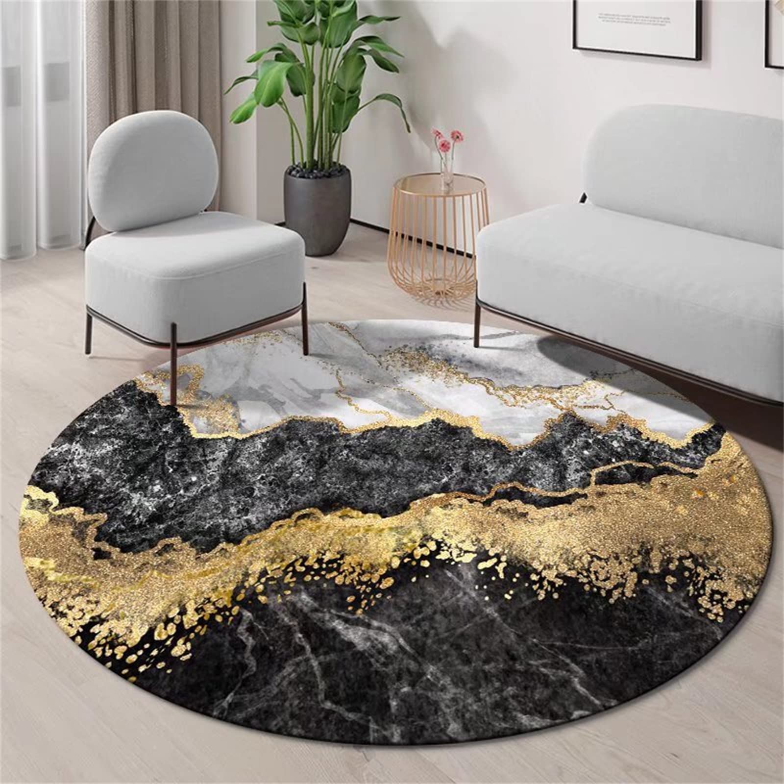Black White Gold Area Rugs, 4ft, Modern Abstract Circle Marble Carpets 4ft Luxury Washable Non-Slip Circular Floor Mats for Living Dinning Room