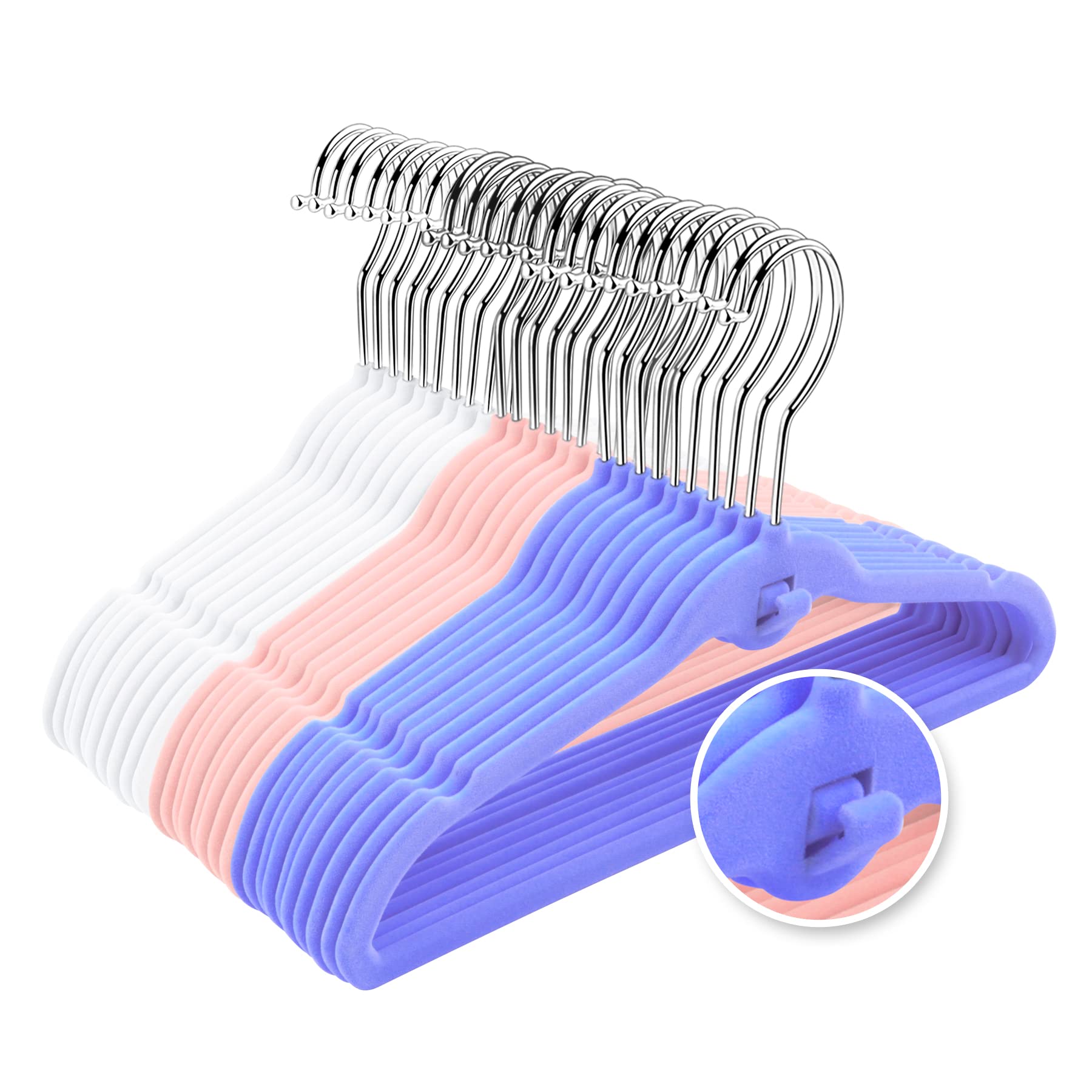 Perchas de Terciopelo Multicolor para bebés con Mini Ganchos, Paquete de 30, Antideslizantes, ahorran Espacio, Color Rosa, Lavanda y Blanco