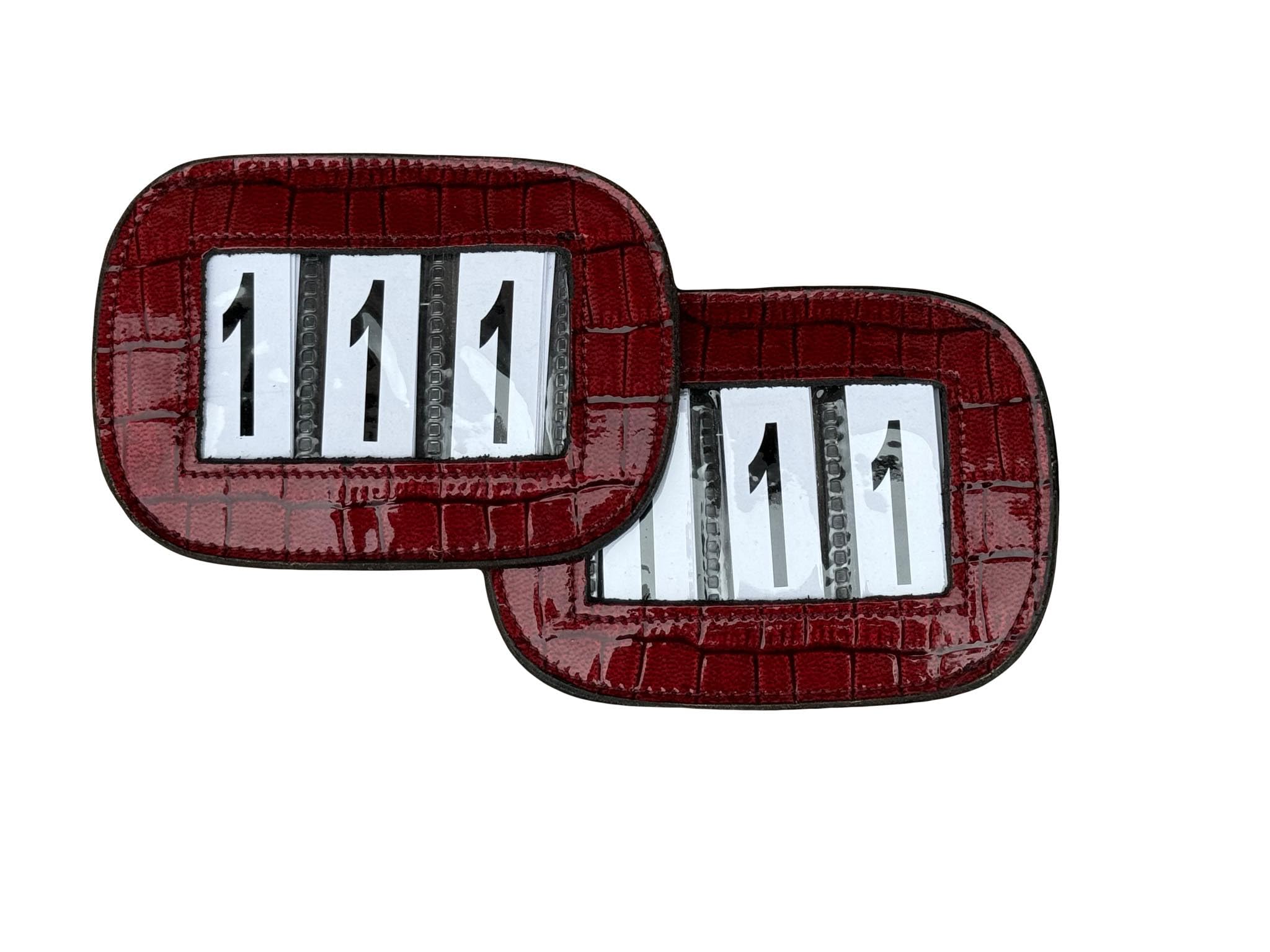 Competition Leather Number Holder 3 Digit for bridles and Saddle pads with Crocco Patent (Red)