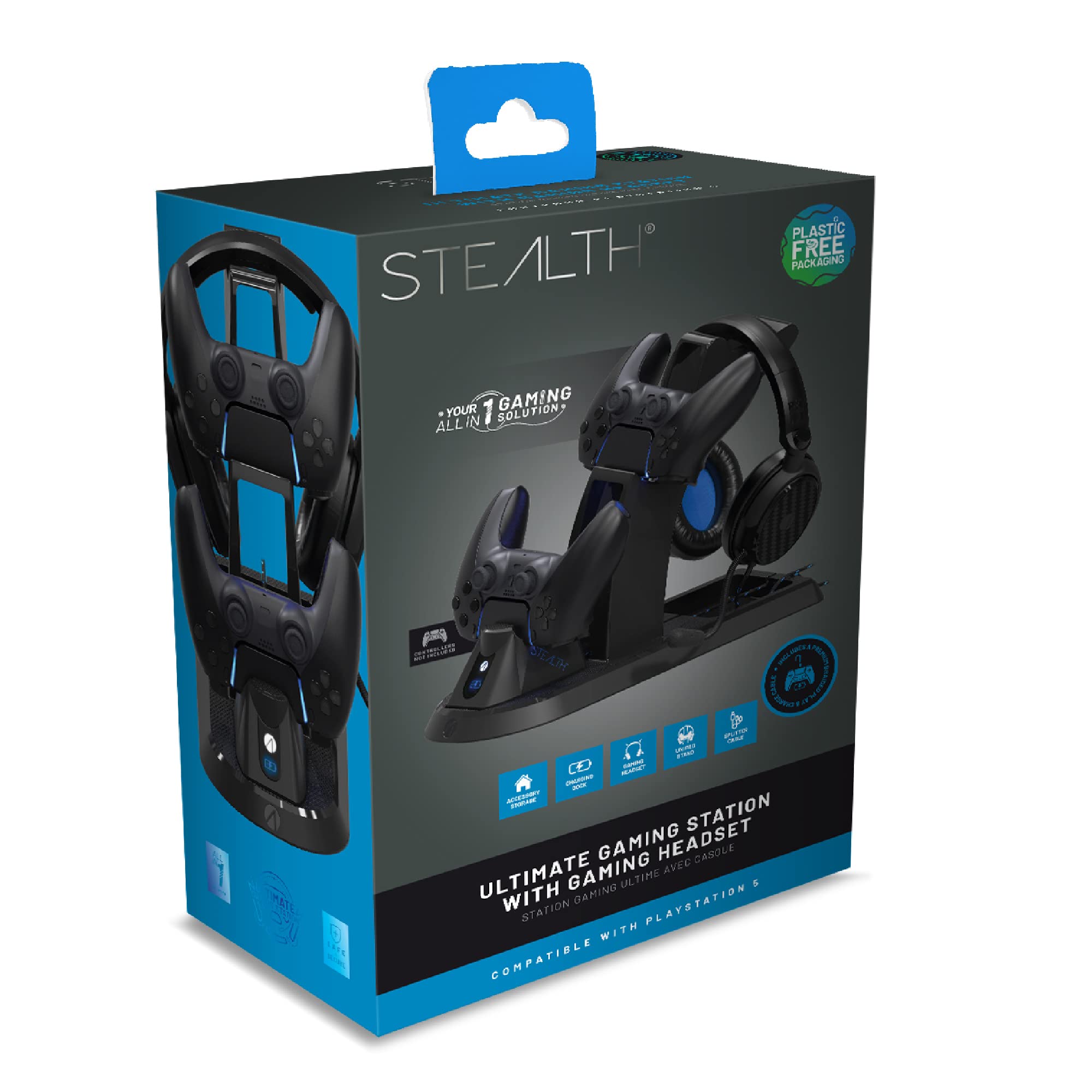 STEALTH Estación de juego definitiva PS5 con auriculares a juego y soporte para mandos a juego y cable de carga USB-C trenzado de 2 m