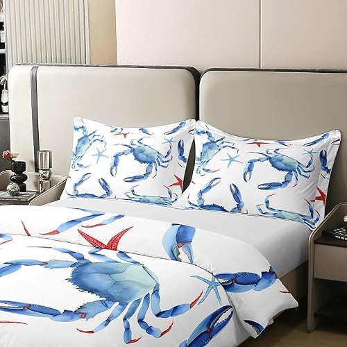 Miniatura 4 de jejeloiu Juego de funda de edredón de cangrejo de playa 100 % algodón, tamaño Queen, para niños y niñas, diseño de estrellas de mar, para niños,