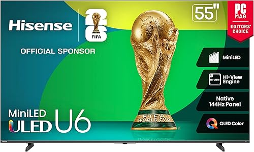 Hisense Serie U6 de 55 pulgadas Mini-LED 4K UHD Smart Fire TV (55U65QF, modelo 2025) - QLED, Native 144Hz, HDR10+, Dolby Vision IQ, Dolby Atmos,