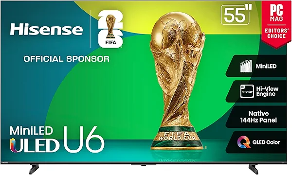 Hisense 55" Class U6 Series Best Value Mini-LED 4K UHD Smart HDR Gaming Fire TV (55U65QF, 2025 Model) - QLED, Native 144Hz, Motion Rate 480, Dolby Vision IQ, Dolby Atmos, Game Mode Pro, Alexa Built In