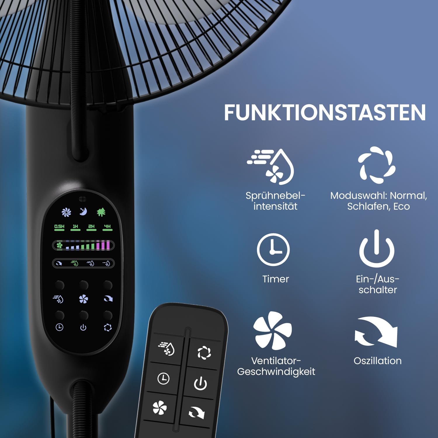NEU Ventilator mit Wasserkühlung, Standventilator sehr leise mit Fernbedienung, Luftkühler mit Timer-Funktion, Drei Geschwindigkeiten, Schwenk- und Neigefunktion, schwarz