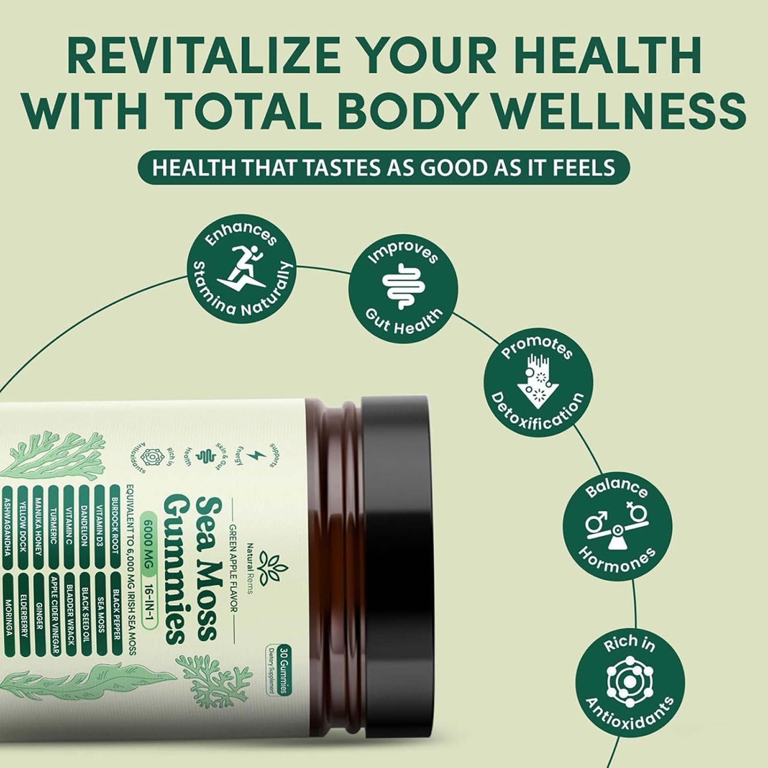 Natural Rems Sea Moss Gummies 16-in-1 - Ashwagandha Black Seed Oil Bladder Wrack Turmeric Vitamin C & D3 with Manuka Burdock Root Dandelion Yellow Dock Elderberry Apple Cider Vinegar (Green Apple) - Image 4