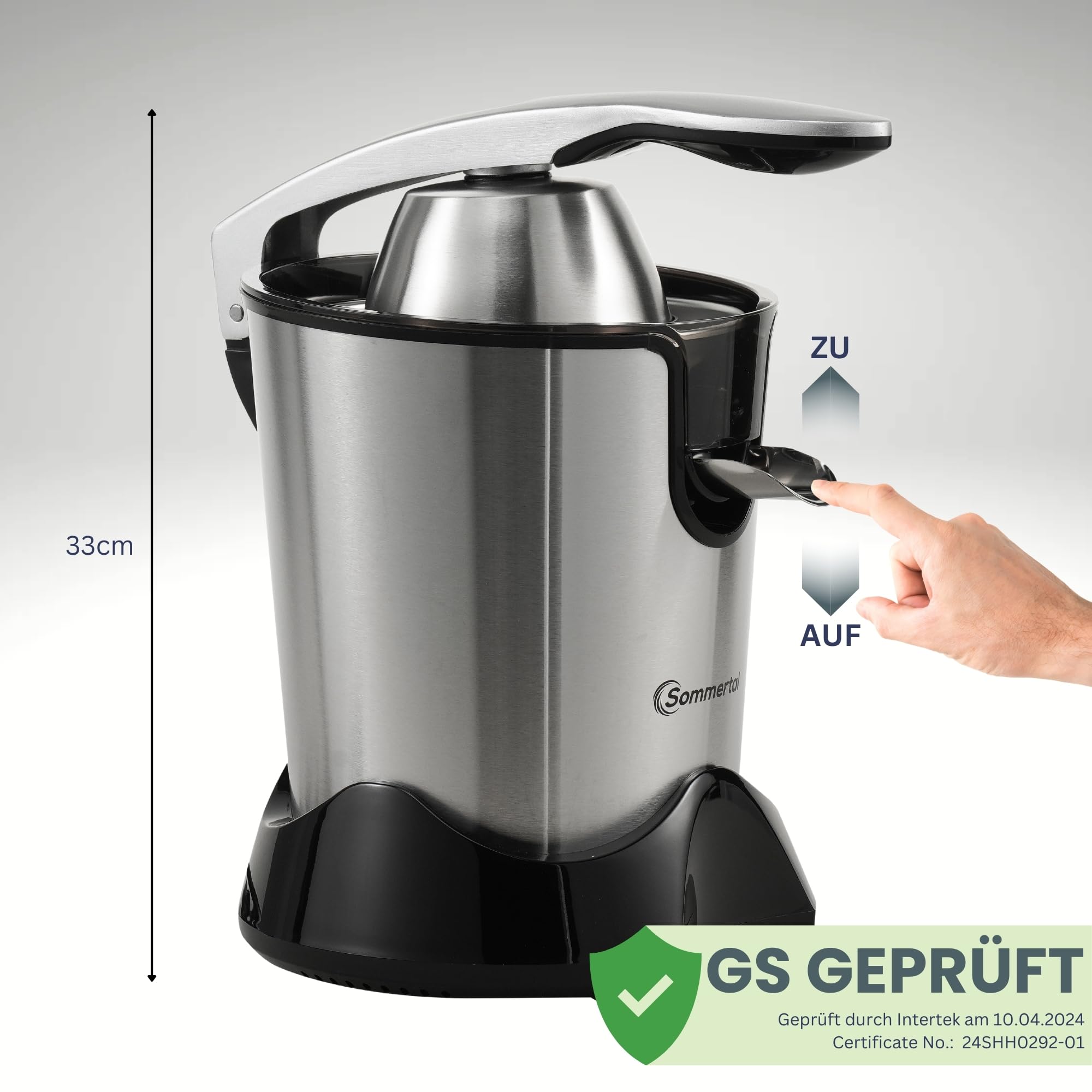 Sommertal CP850 Saftpresse elektrisch, 850W Motor, hohe Saftausbeute, Edelstahl, BPA-frei, 400ml Saftbehälter, 2 Kegel, Zitronenpresse, Orangenpresse, Zitruspresse elektrisch, Hebel & Handbetrieb